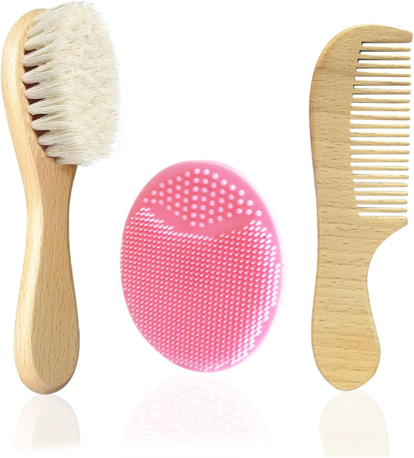Baby Hair Brush & Comb Set, Goat Bristles Brush and Silicone Hair Massage Brush for Cradle Cap Treatment Wood Bristle Brush for Newborns and Toddlers (3 Piece) image number 6