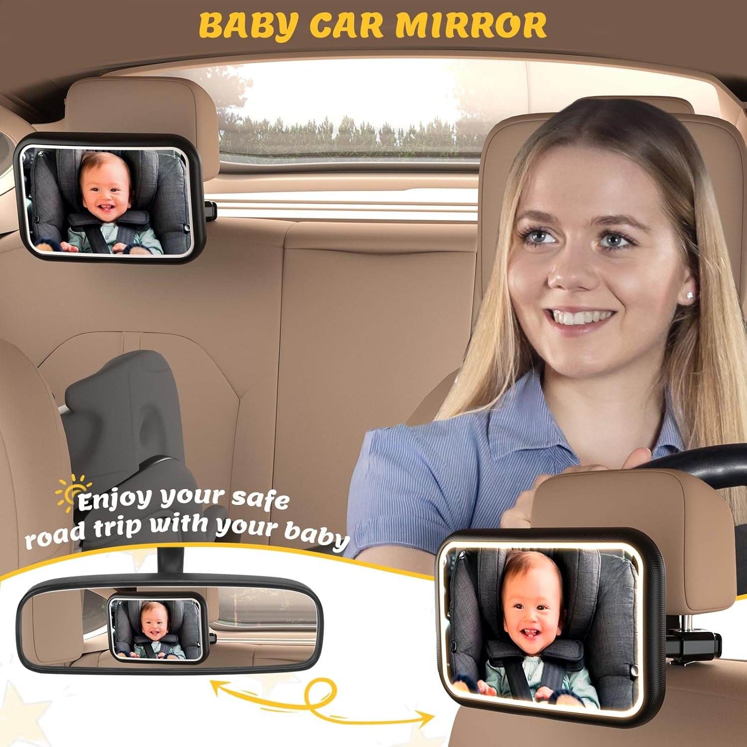 Baby Car Mirror with Light, 11 LED Modes, 360&deg; Rotatable, Remote Control, Wide Angle, Shatterproof, Easy Install, Black, Rear Car Mirror image number 2