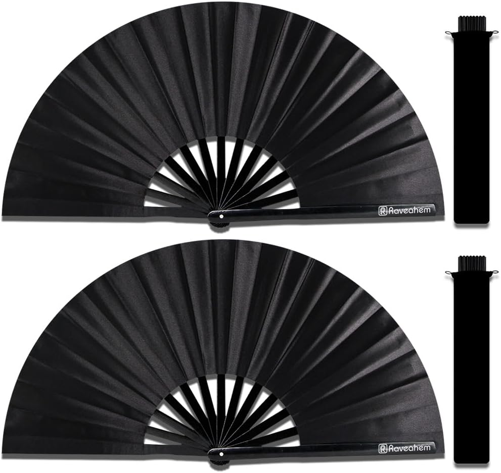 Raveahem 2 Pack Large Folding Hand Fans, Bamboo Handheld Rave Fan Wedding Fan Bamboo Frame Thickened Smooth Fabric for Cooling Decoration Women Men Gril Boy Gift, 13.8" Red