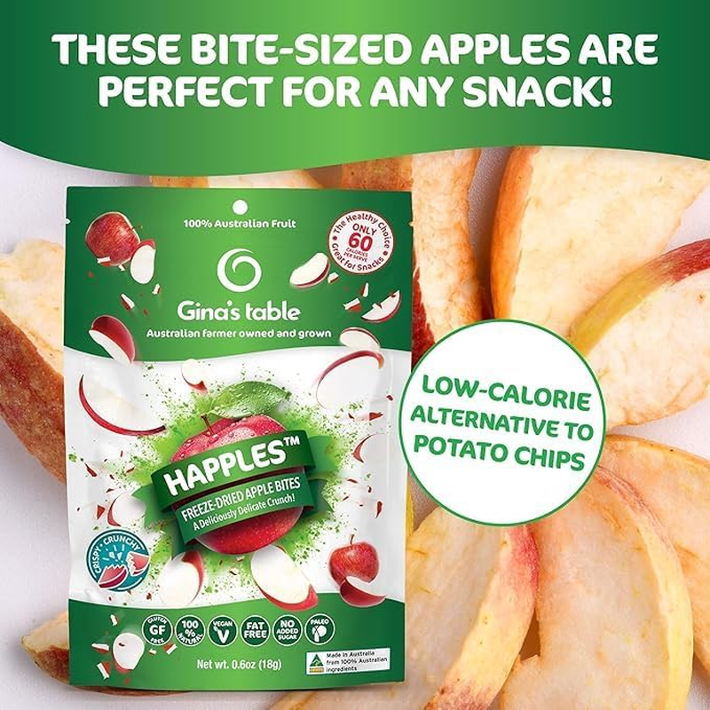 Gina&rsquo;S Table Happles &ndash; Freeze-Dried Apple Fruit Crisps (Just Apple) &ndash; Healthy, Low-Calorie Snack for Kids & Adults &ndash; 10 Pack (18G Each) &ndash; All-Natural, No Added Sugar, Gluten-Free