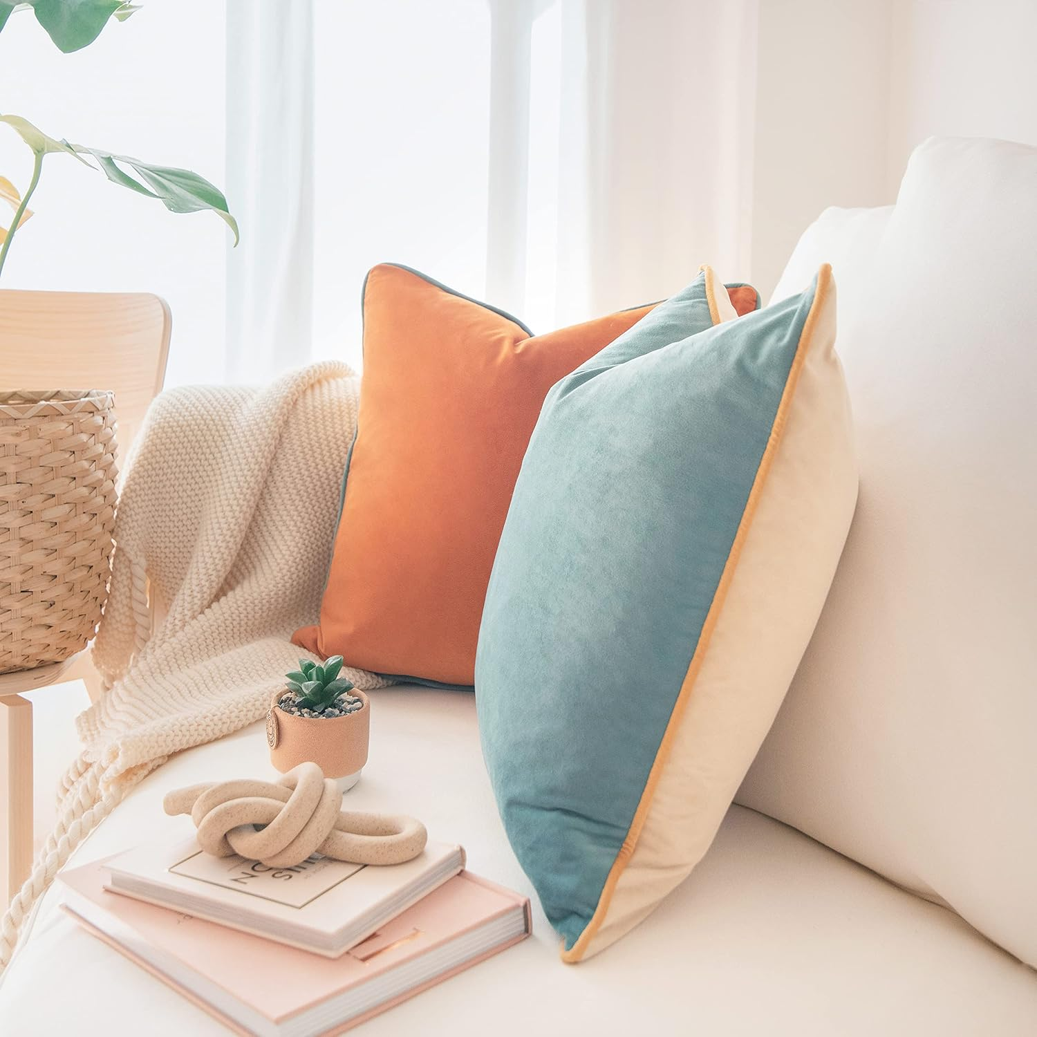 Monday Moose Decorative Throw Pillow Covers Cushion Cases, Set of 2 Soft Velvet Modern Double-Sided Designs, Mix and Match for Home Decor, Pillow Inserts Not Included (18X18 Inch, Orange/Teal)