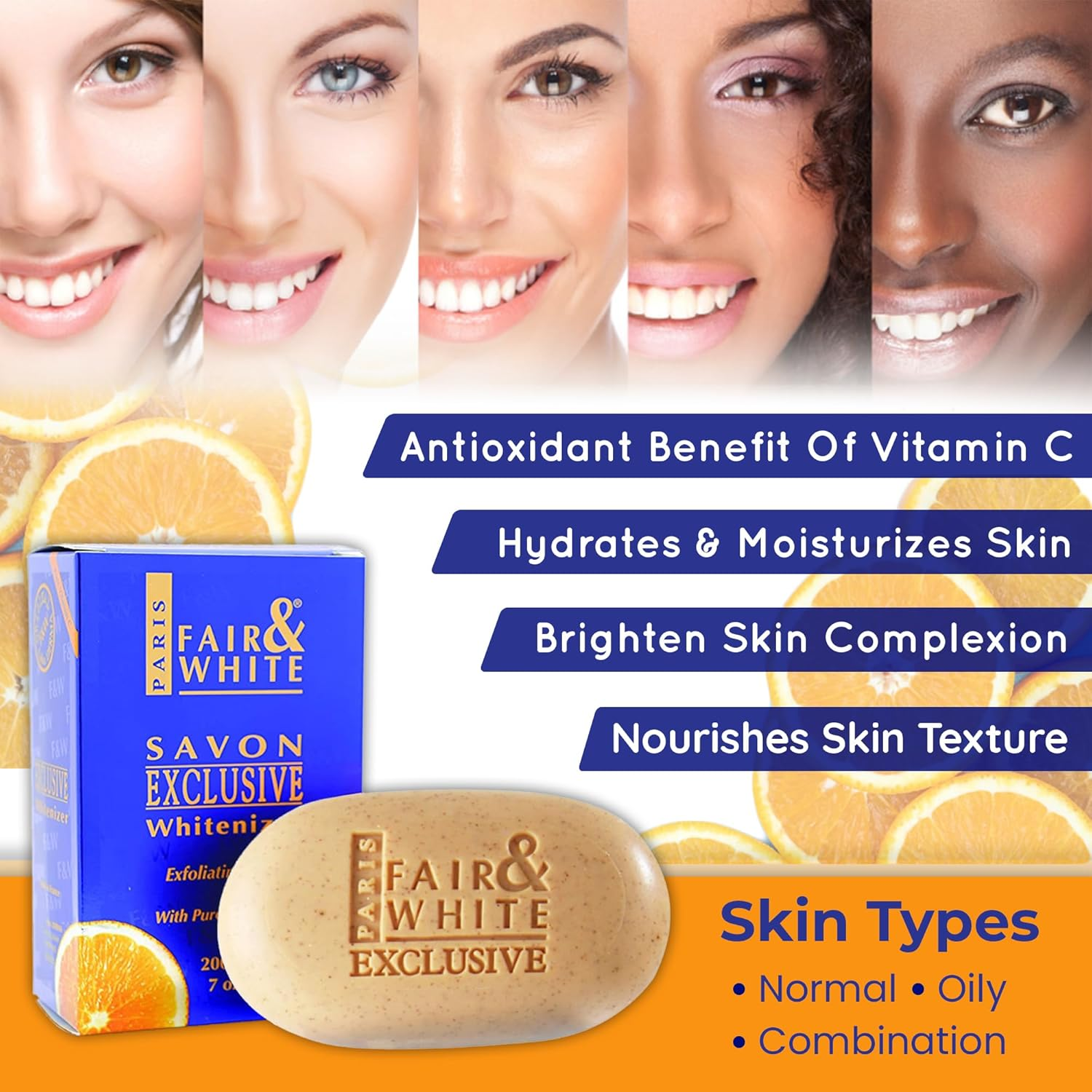 Fair and White Exclusive Exfoliating Soap - 7 Oz / 200 G - Skin Brightening Bar, Fade Dark Spots, Hyperpigmentation Soap, Uneven Skin Tone, with Vitamin C and Shea Butter image number 2