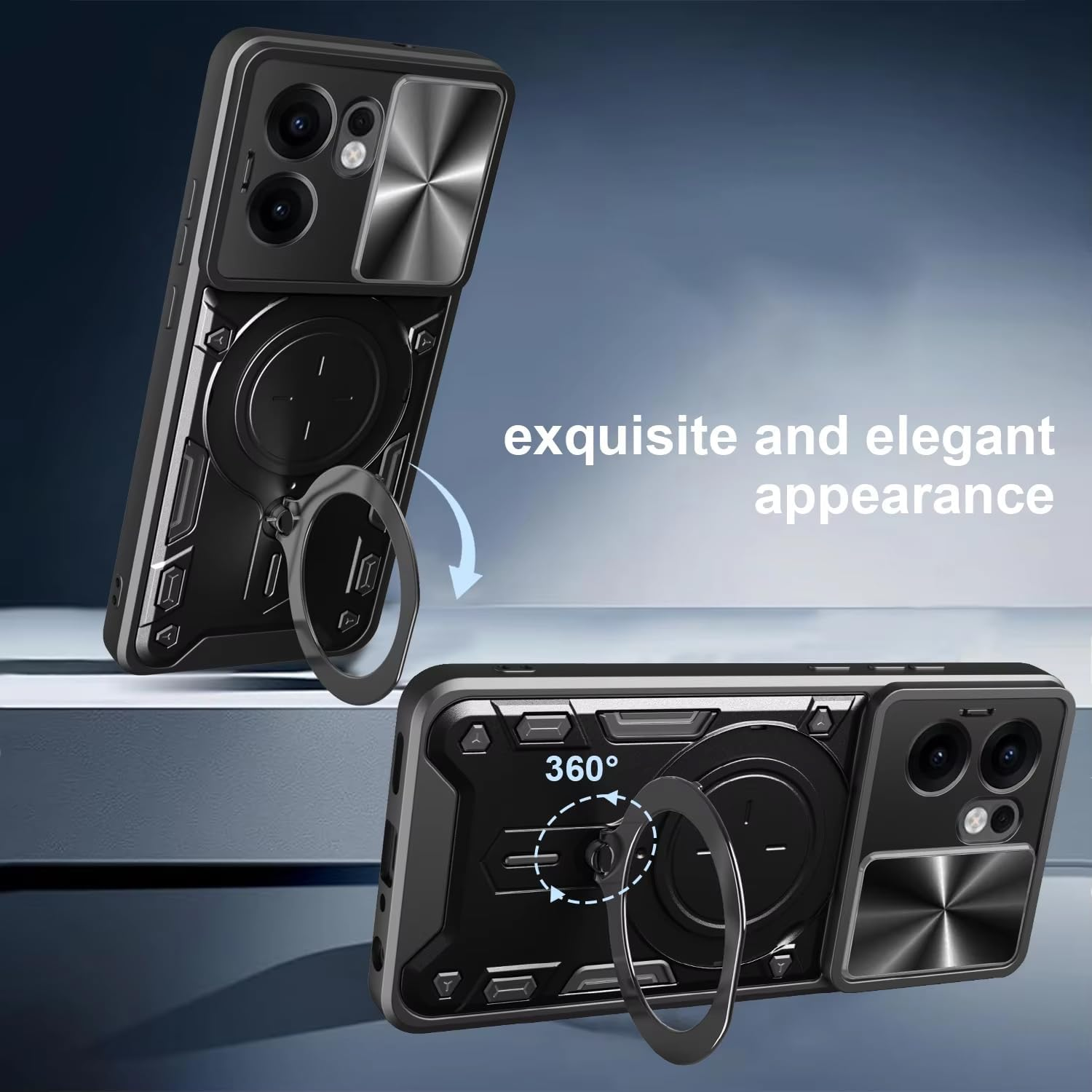 FORZARMOR for Oppo Reno13 Pro 5G (6.83 Inch) Case Shockproof with Back Camera Slide Window Cover, Ring Kickstand Armor Military Rugged Cover (For Reno13 Pro,Black) image number 2