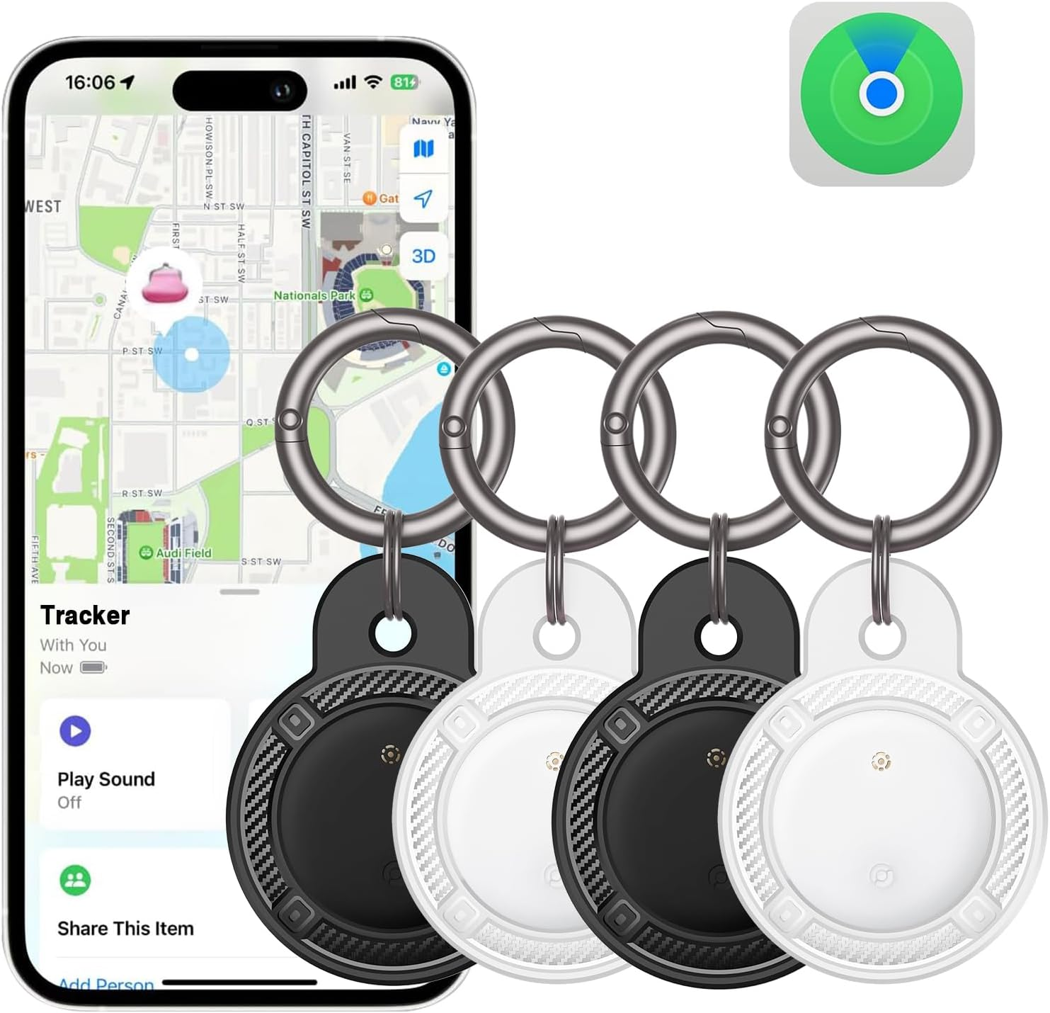 4-Pack Airtags with Holder, VISOOP Smart Bluetooth Tracker Works with Apple Find My(Ios Only), Key Finder Item Locator for Pets/Keys/Bags/Luggage Suitcases, Replaceable Battery Waterproof-Black+White image number 4