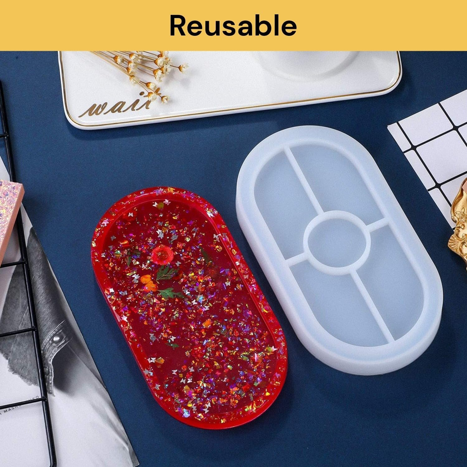 EZONEDEAL Resin Tray Mold, Oval Rolling Silicone Tray Molds, Epoxy Platter Molds, Epoxy Resin Tray Mold Large DIY Casting Craft Decorating for Craft Jewelry Storage, Home Decoration image number 5