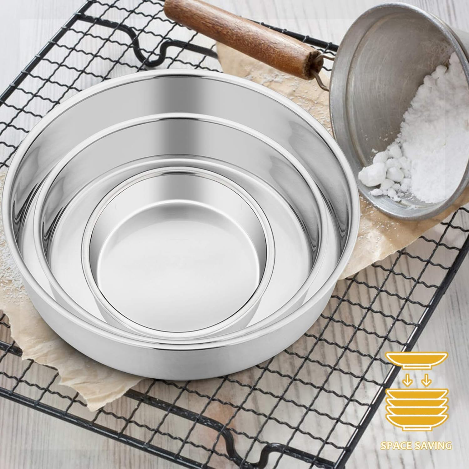 Cake Pan Set of 3 (4 Inch/6 Inch/8 Inch), E-Far Stainless Steel Small round Layer Cake Baking Pans, Perfect for Tier Smash Cake, Non-Toxic & Healthy, Mirror Finish & Dishwasher Safe image number 4
