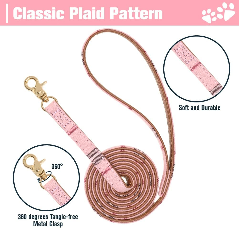 EXPAWLORER Dog Leash Collar Set - 3 Pack Plaid Pattern Adjustable Escape Proof Leash Collar Set for Outdoor Walking