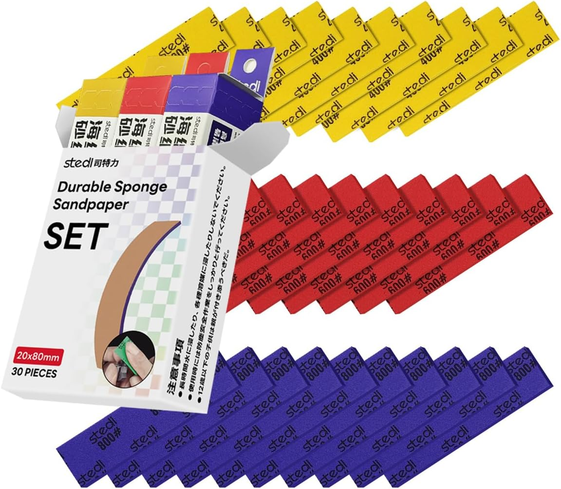 Stedi Sanding Sponge for Model Gundam Building,3Mm Hobby Model Tools Hand Sanding Block Waterproof Wet Dry Reuse #400#600#800 Grit Sandpaper, 30 Sheets