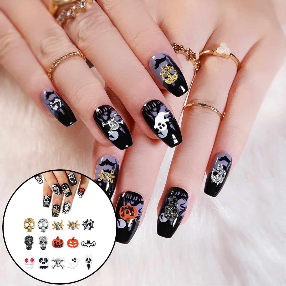 WELANE Halloween Nail Charms, 30 PCS Alloy Skeleton Pumpkin Ghost Spider Nails Decorations for DIY Nail Art, Jewelry Making,Cellphone Decorations (15 Kind)