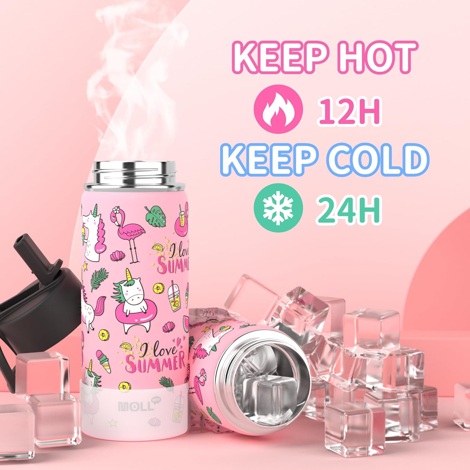 350ML Water Bottle with Straw Stainless Steel Double Wall Vacuum Insulated Water Bottle for Girls, Reusable Metal Water Flask BPA Free -Unicorn image number 7