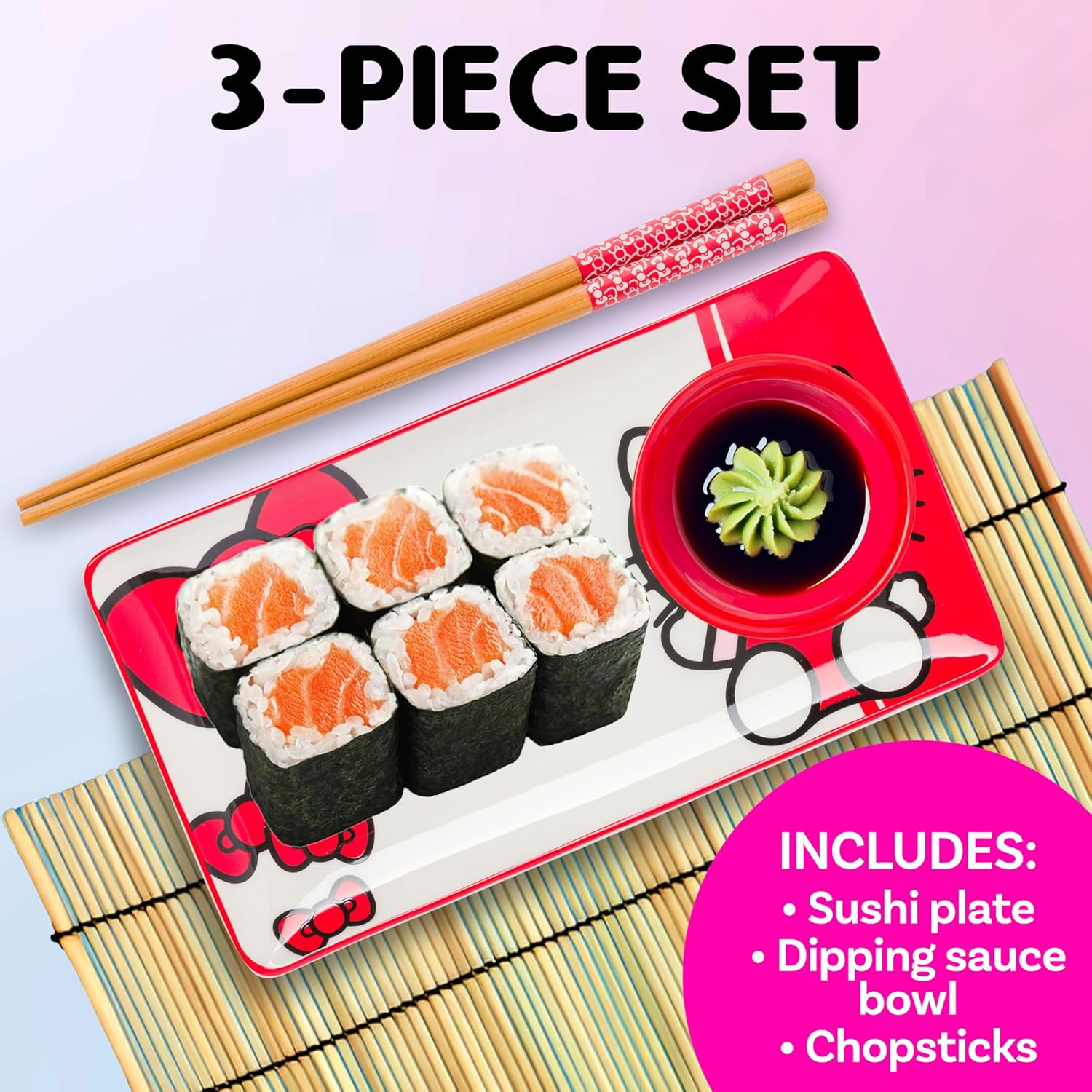 Silver Buffalo Hello Kitty Red and White Classic Boxed 3Pc Ceramic Sushi Set image number 2