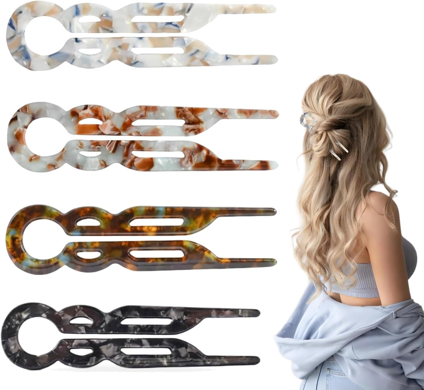 4 PCS French Hair Pins, Long Elegant Hair Clips for Women, Hair Accessories for Women, Spiral Hair Pins for Thin Thick Fine Long Hair, Stylish Hairpins in Marble, Vintage Green, Black Floral, Brown image number 1