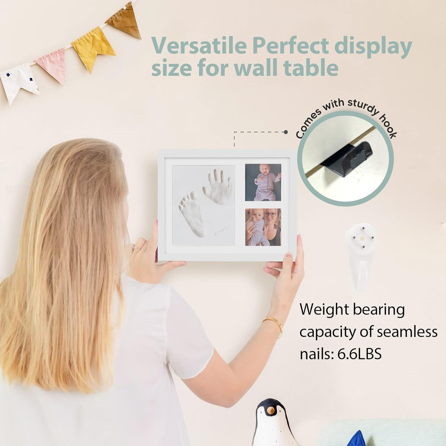 Baby Hand and Footprint Kit, Keepsake Frame for Newborn Boys & Girls Baby Shower Gifts for Mom with Clay Pin Tape Hook Frame image number 1