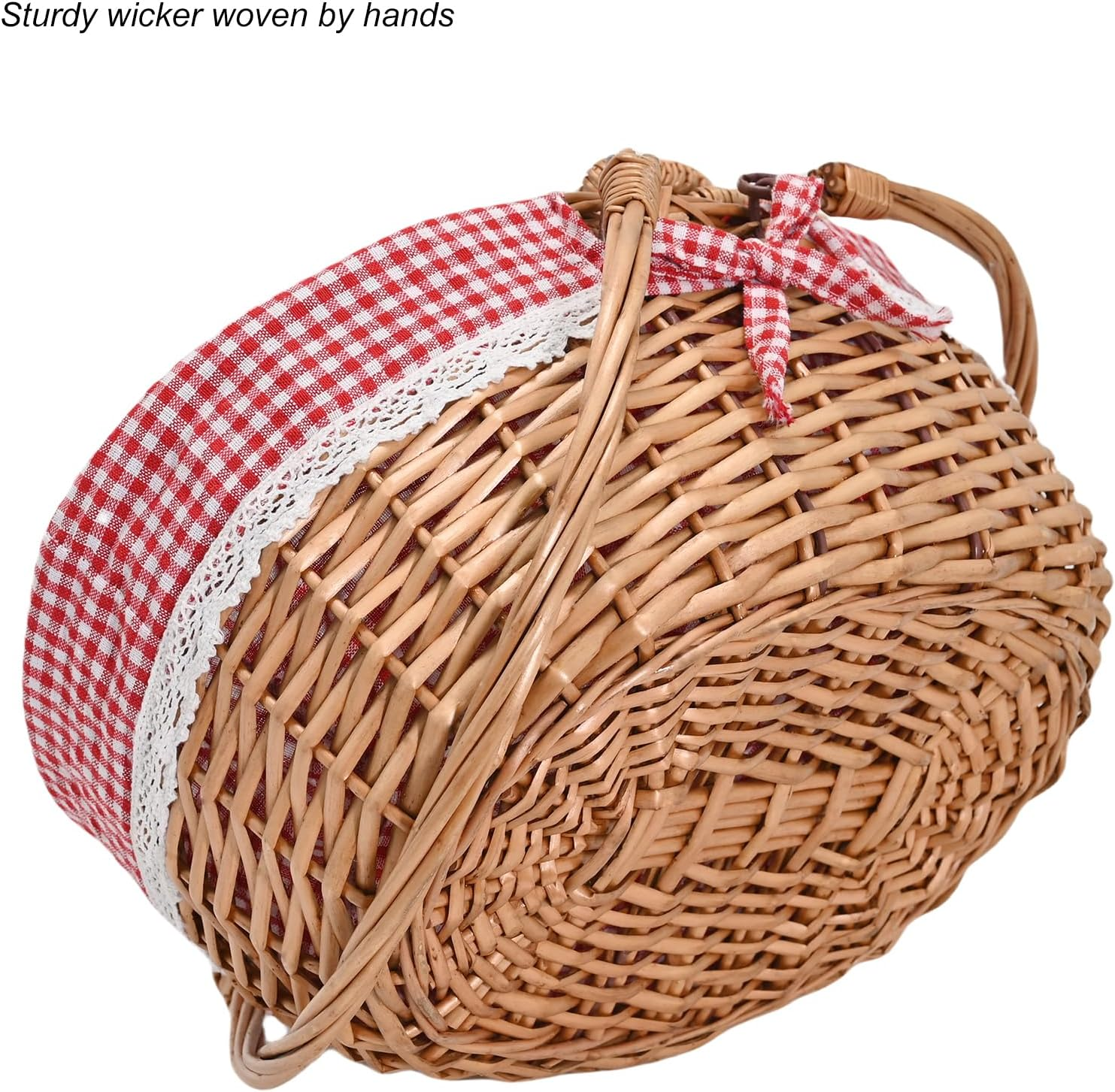 Wicker Picnic Basket with Removable Liner Empty Picnic Baskets with Lid for 2, Picnic Hamper with Foldable Handles for Picnic 2,Checkered image number 1