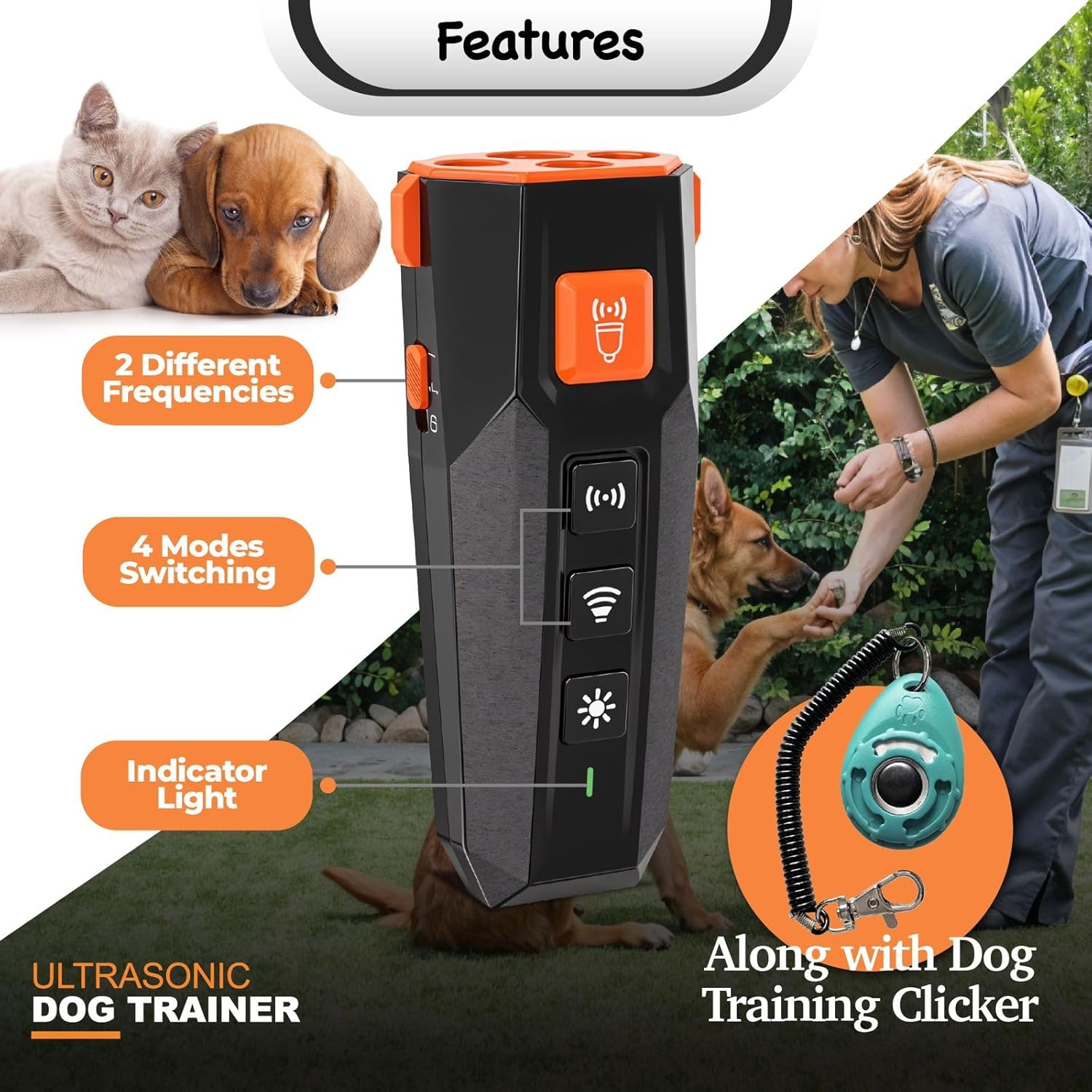 Ultrasonic Dog Bark Control & Dog Barking Device &ndash; Flashlight, 3 Emitters, 4 Modes, 15M Range | Safe & Humane anti Barking Device for Dogs | Dog Behaviour Device, Dog Clicker & Dog Training Clicker | Bark Shield for Dogs with Clicker - With 2-In-1 Clicker  Whistle image number 3