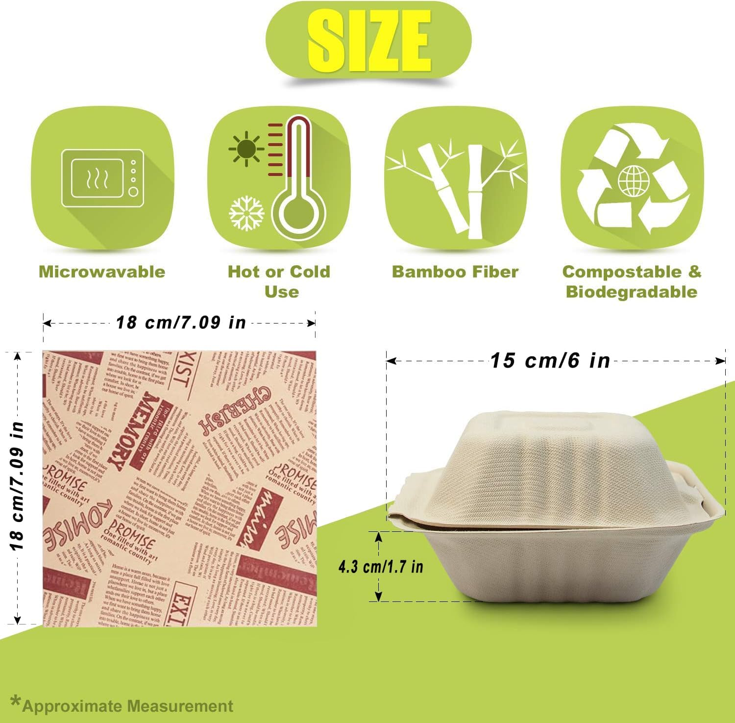 Clamshell Take Out Food Containers with Oil Paper, 6X6" 50-Pack Heavy-Duty Quality to Go Containers, Natural Disposable Bagasse, Eco-Friendly Biodegradable Made of Sugar Cane Fibers image number 3