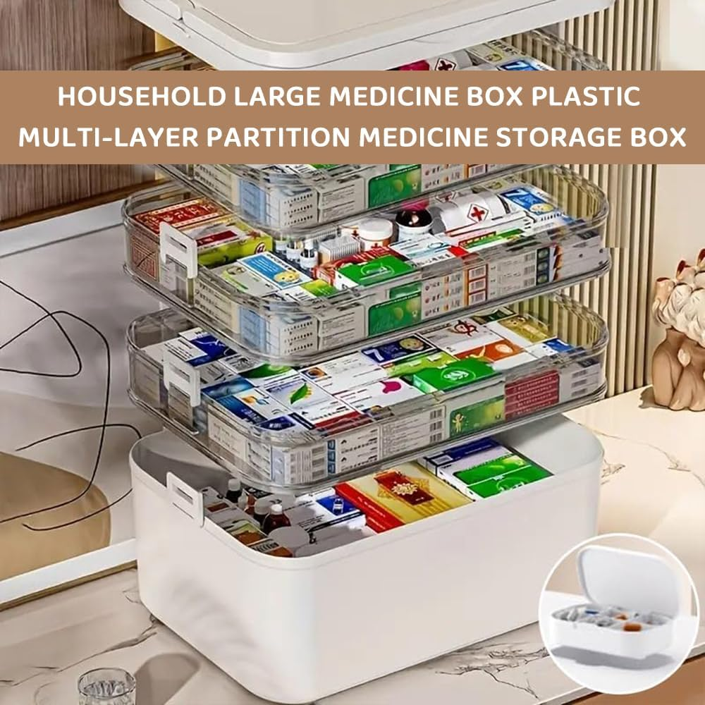 4-Tier Portable Medicine Storage Box &ndash; Large First Aid Organizer with Handle & Adjustable Compartments &ndash; Stackable Medical Supply Case for Home, Travel & Emergency (White, 16.5 &times; 27.5 &times; 30 CM) image number 1