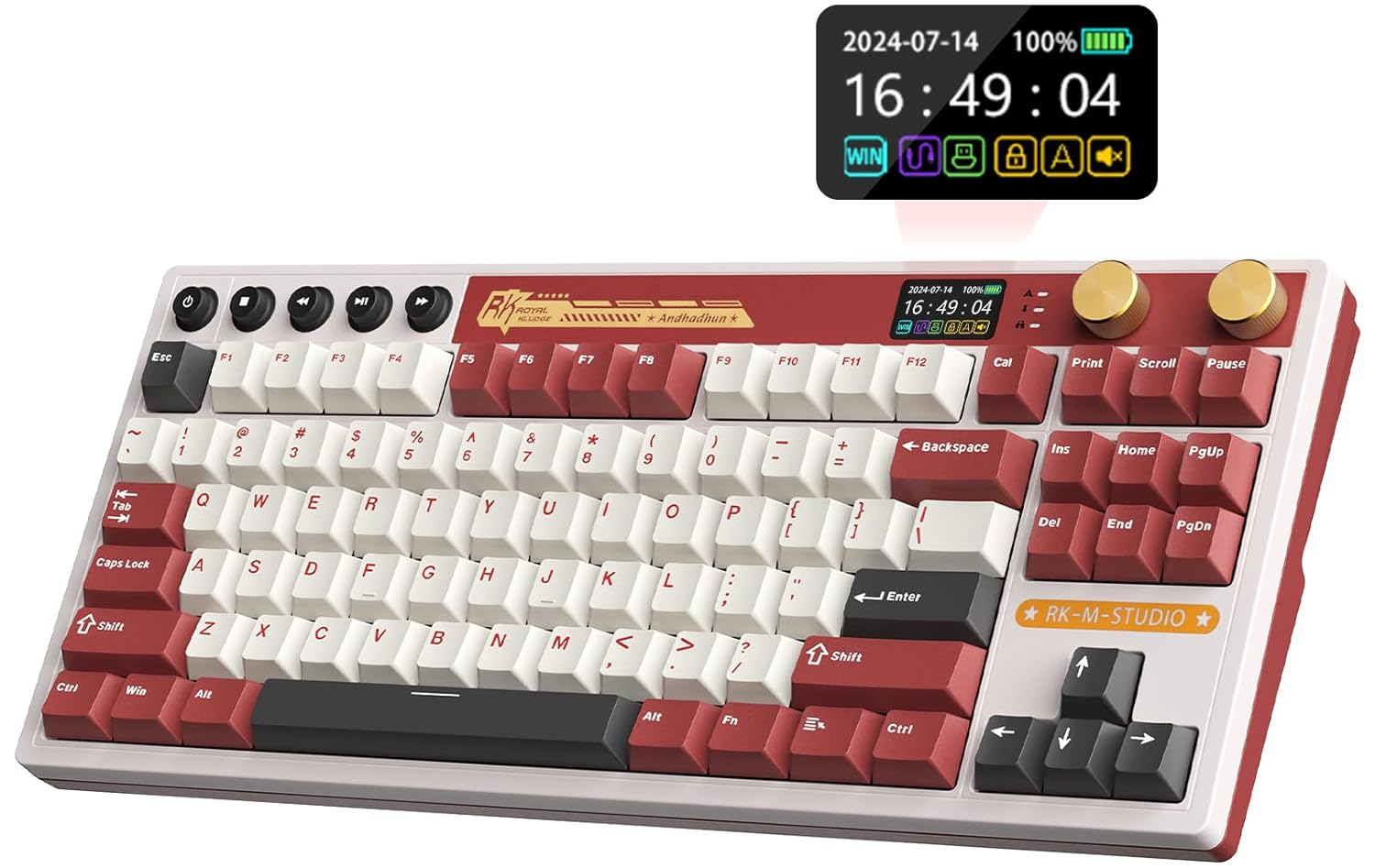 RK ROYAL KLUDGE M87 Wireless Gaming Keyboard with Screen and Dual Knob, 75% Percent 2.4Ghz/Bluetooth/Usb-C Gasket Mechanical Keyboard with 7500Mah Battery, RGB Backlit Hot Swappable Cream Switch, Blue