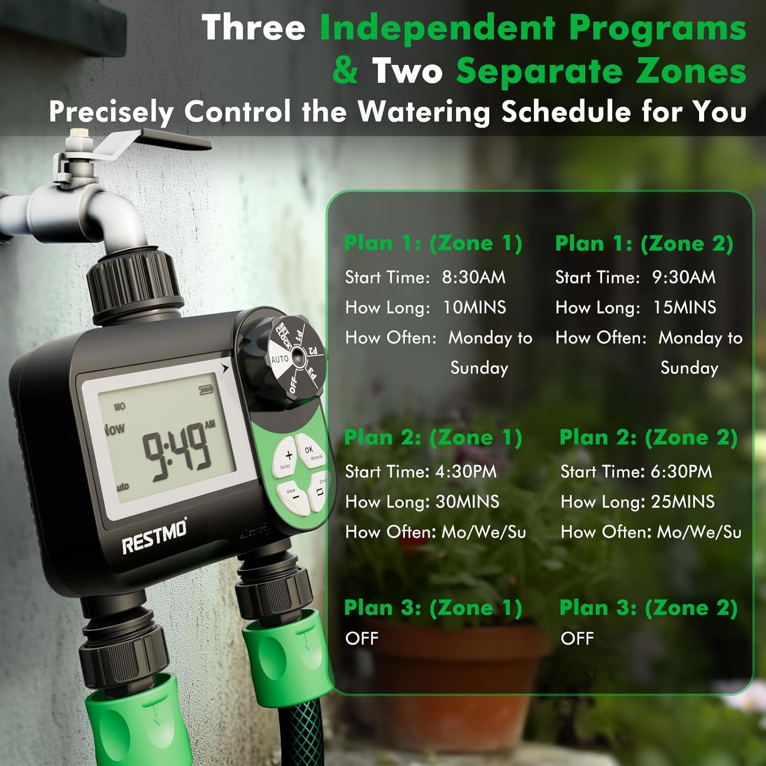 Restmo Water Timer with 3 Separate Programs, 7-Day Programmable Sprinkler Timer for Garden Hose, Automatic Control/Manual/Rain Delay for Drip Irrigation, Lawn and Yard Watering System, 2 Zone image number 5