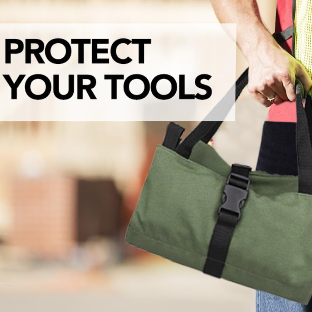 Roll up Tool Bag, 16OZ Canvas Wrench Roll up Pouch Multi-Purpose Tool Roll Organize, 5 Zippered Tool Pockets (Green) image number 5