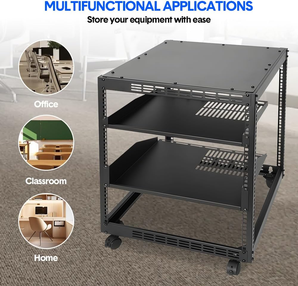 ALSTON 12U Open Frame Server Rack Free Standing or Wall Mountable 4-Post AV Rack Strong Loading Capacity with Lockable Anti-Skip Casters for IT Network AV Gear