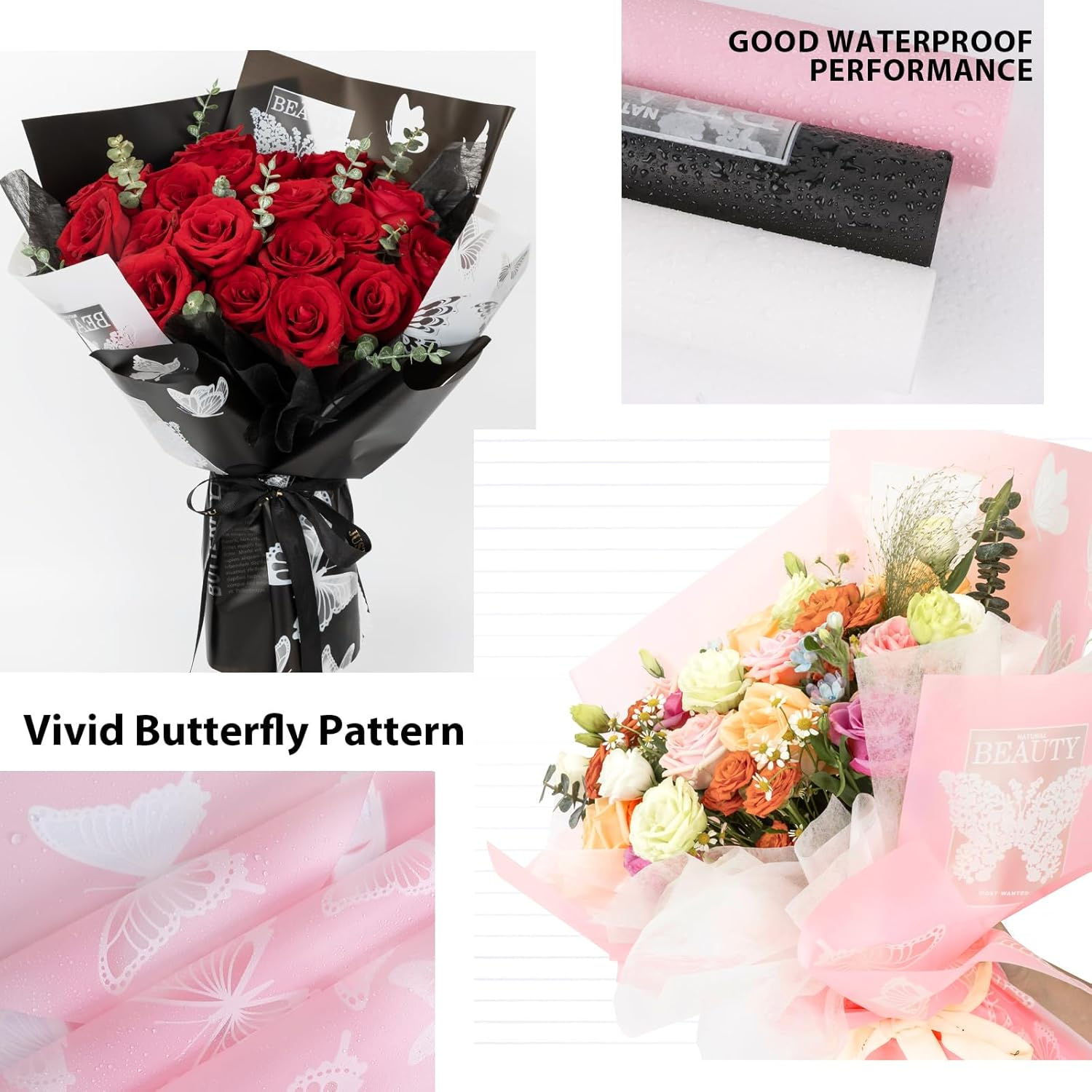 NESCCI 20 Sheet Flower Wrapping Paper - Waterproof Floral Bouquet Wrapping Paper, Florist Supplies Packaging Paper for Wedding Birthday Gift DIY (Butterfly Pink) image number 6