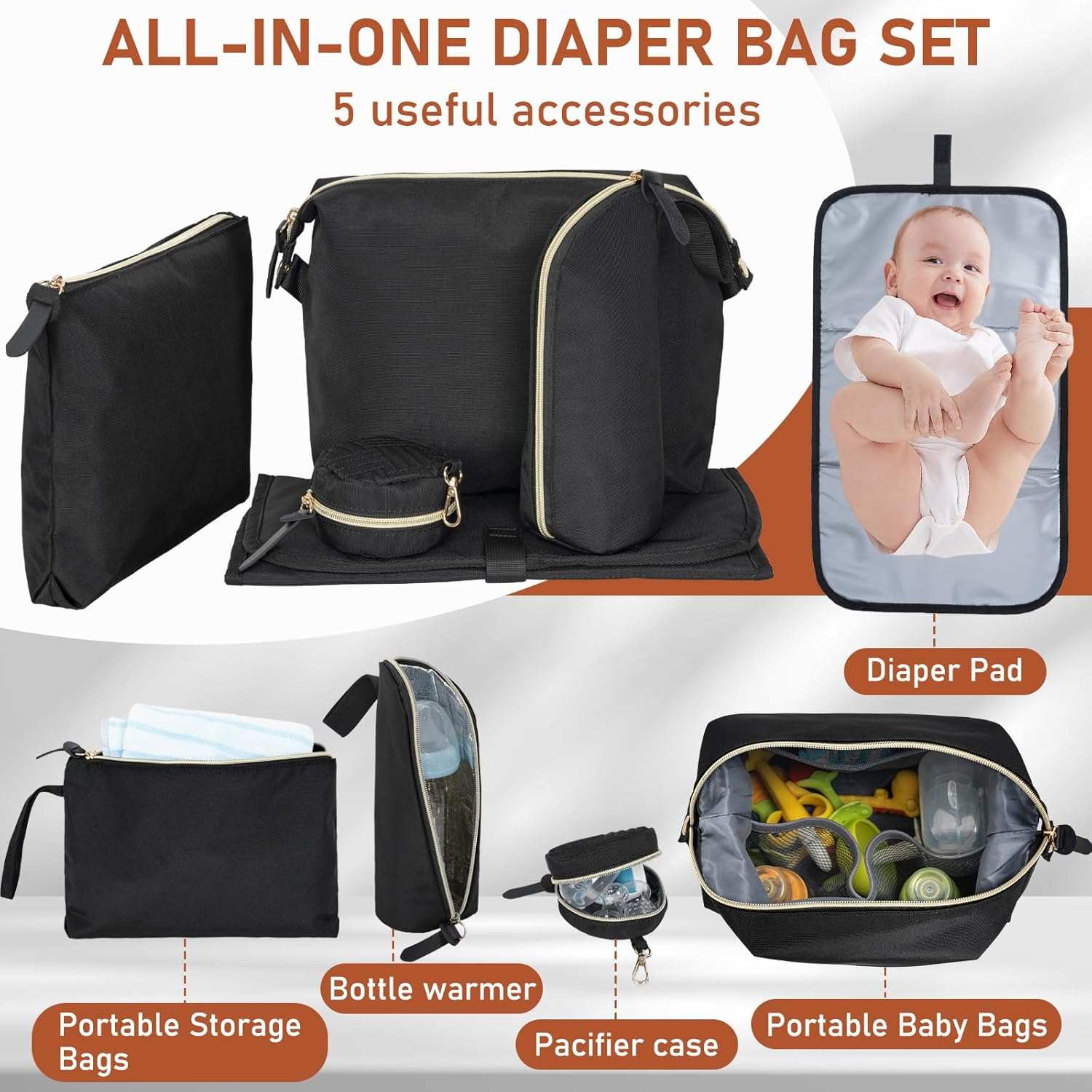 7Pcs Diaper Bag Tote, Large Mommy Travel Diaper, Baby Diaper Tote Bag for Mom Hospital Bags Baby Bag, Black image number 6