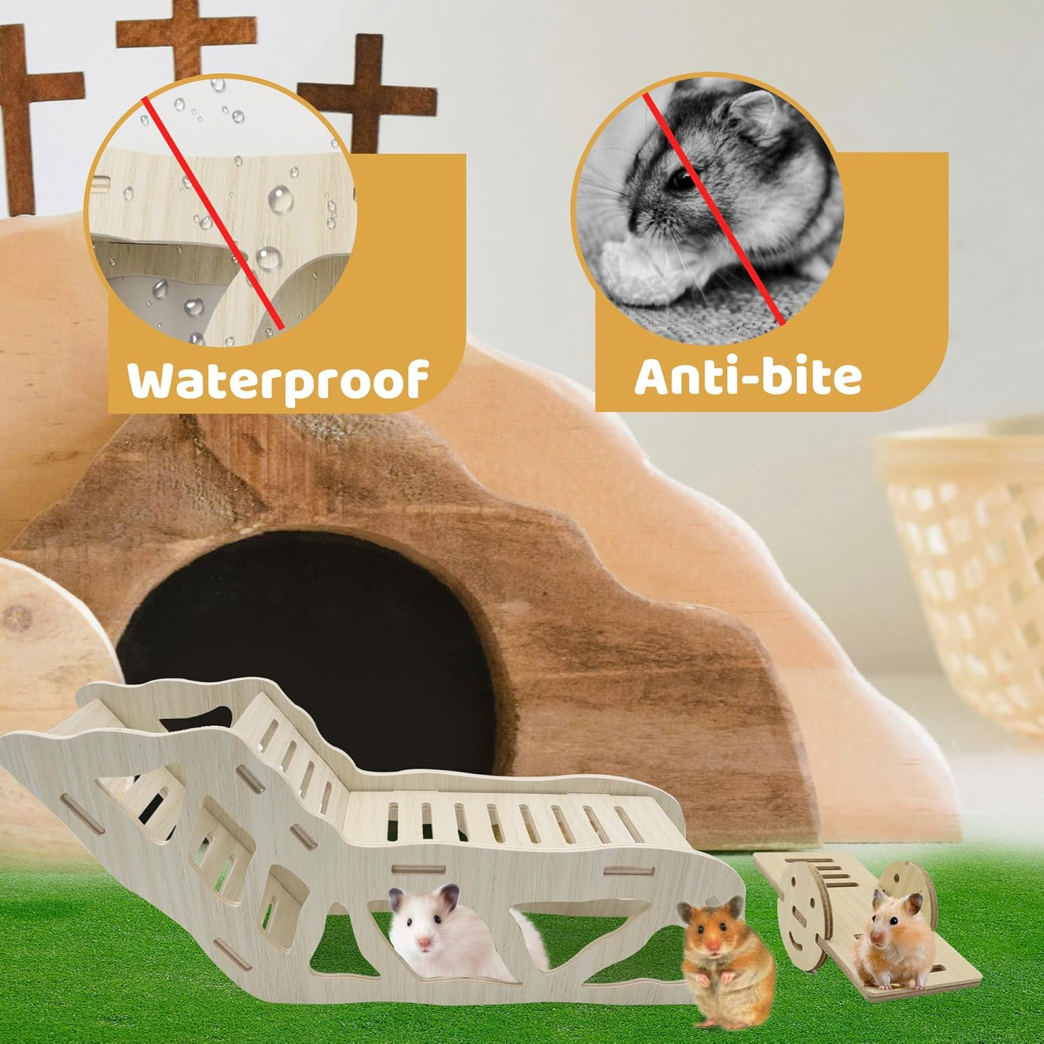 Wooden Hamster Tunnel&Seesaw, Small Pets Play Hamster Hideout, Exercise Hamster Climbing Ladder, Hamster House Accessories for Cages, Gerbils Mice or Similar-Sized Pets (Wooden)