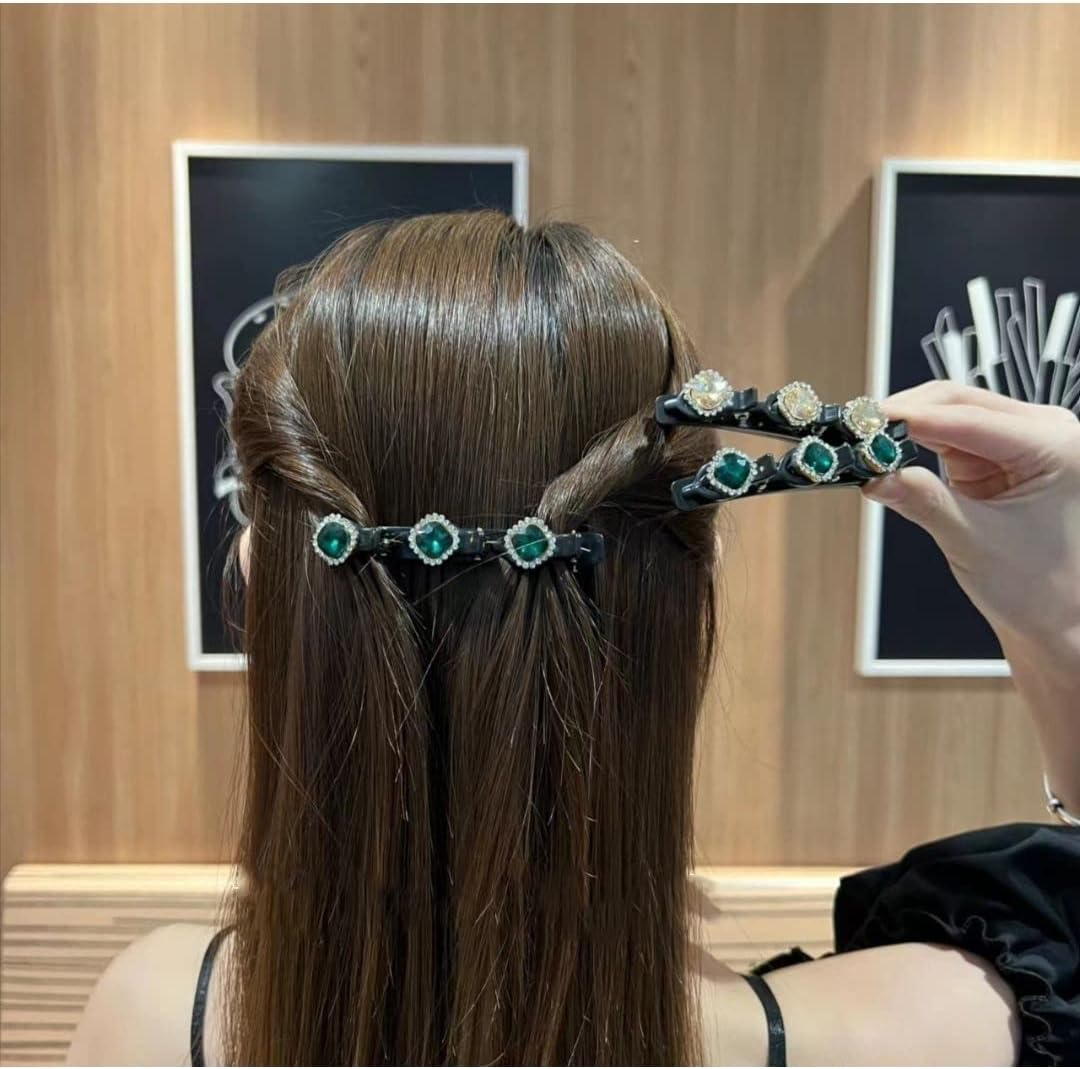 PTNKUIIY Pack of 2 Hair Clips with Clips, Glitter Crystal Stone Hair Clip Double Bang Hairstyle Hair Pin Clips with 3 Hair Clips Hair Bands with Hair Clips for Thick Hair for Women Girls, Green