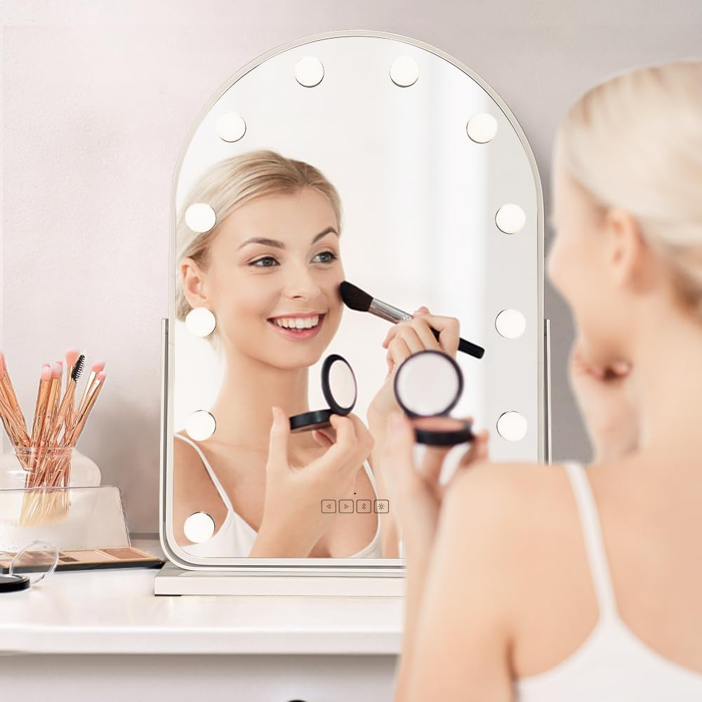 Simplus Vanity Makeup Mirror with Lights Hollywood LED Mirrors Stand, Bluetooth Speaker USB Power Charging and Smart Touch Control Screen, 12 Dimmable LED Lights Stable Base White, 65X45Cm image number 3