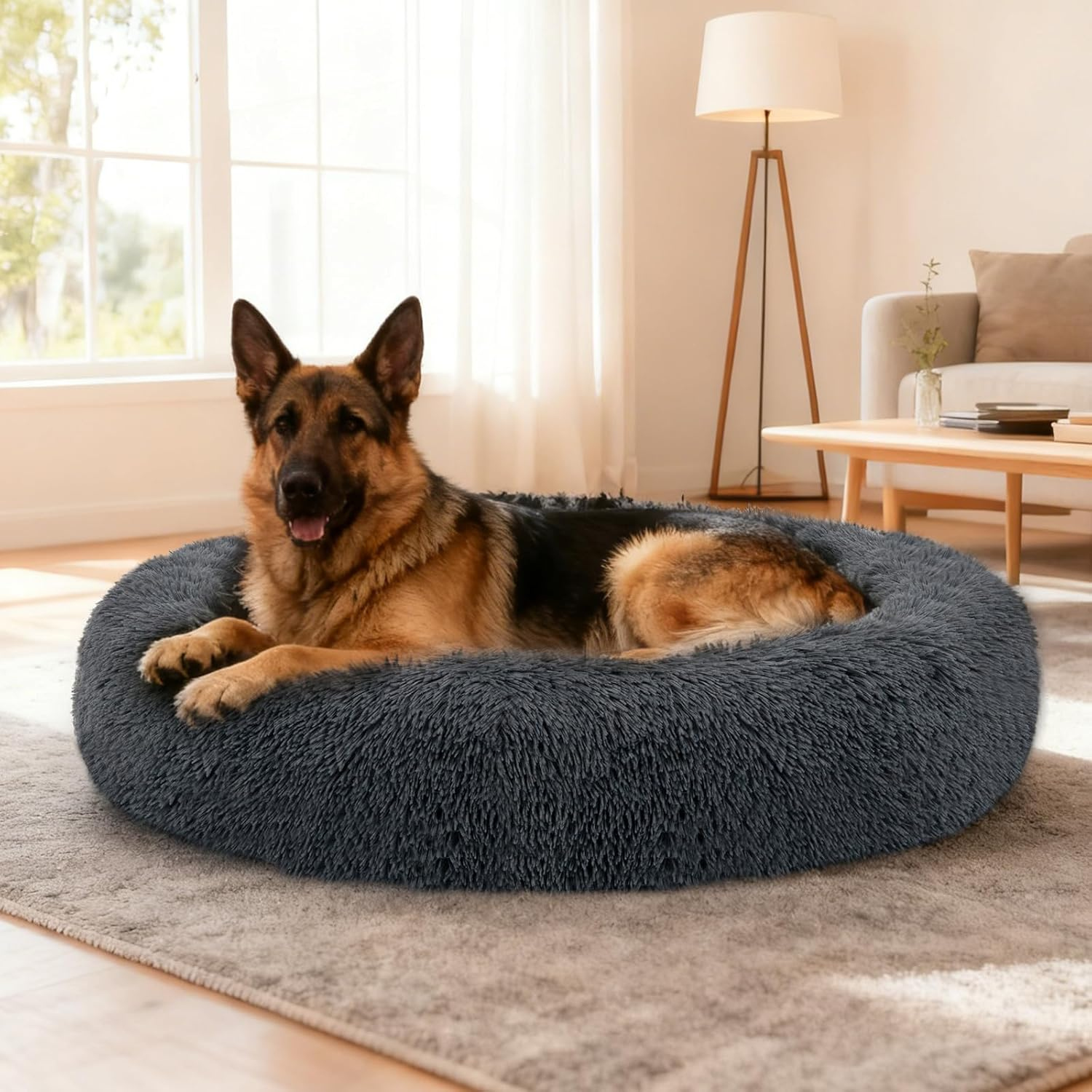 Dog Calming Donut Bed, Fluffy Plush Pet Bed Pillow Sofa Bed for Medium Large Dogs Cats, anti Anxiety Pet Bed Cuddle round Cushion with Non-Skid Bottom Washable, 80CM, Deep Grey - Xl(90Cm)
