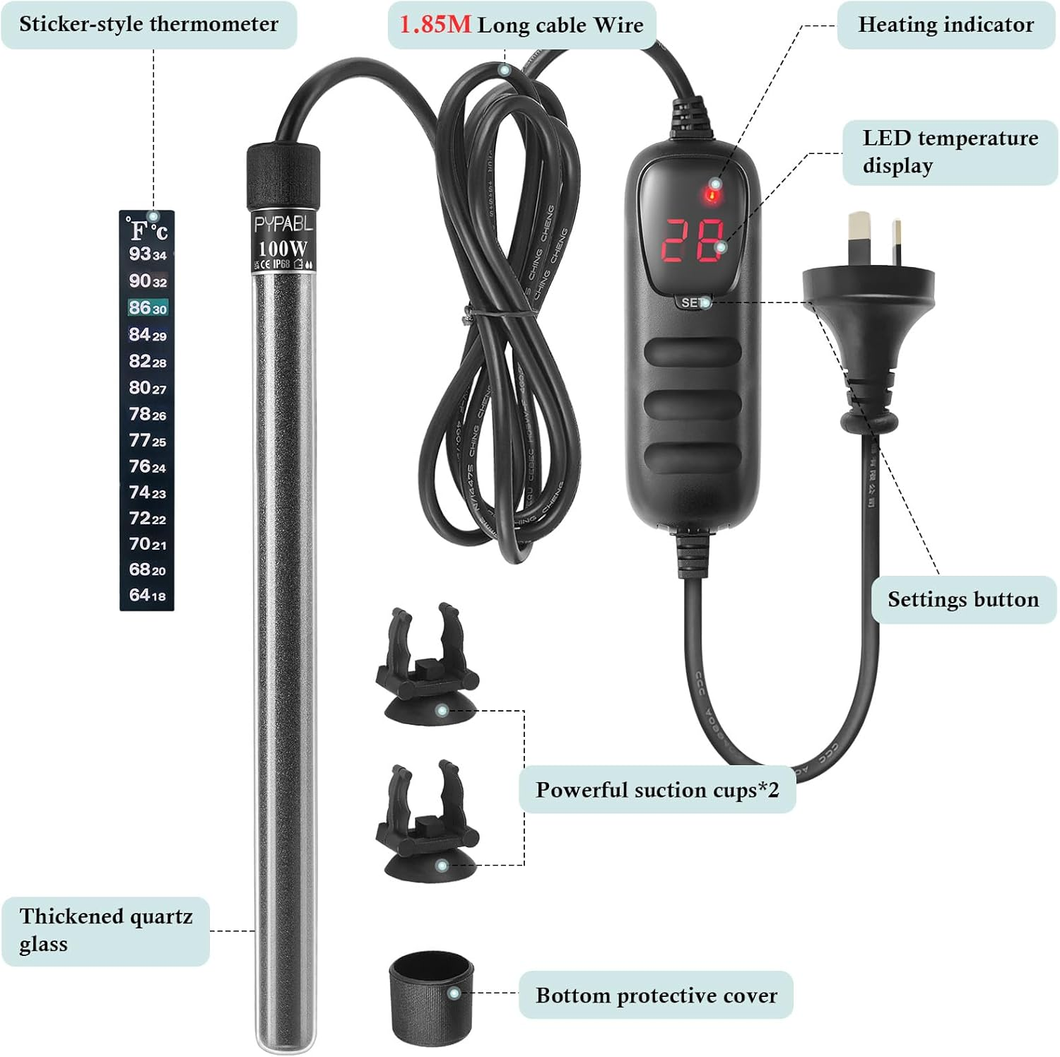 PYPABL Mini Submersible Aquarium Heater, 25W 50W 100W Small Heater for Fish Tank 1-100L with External Controller (100W) image number 4