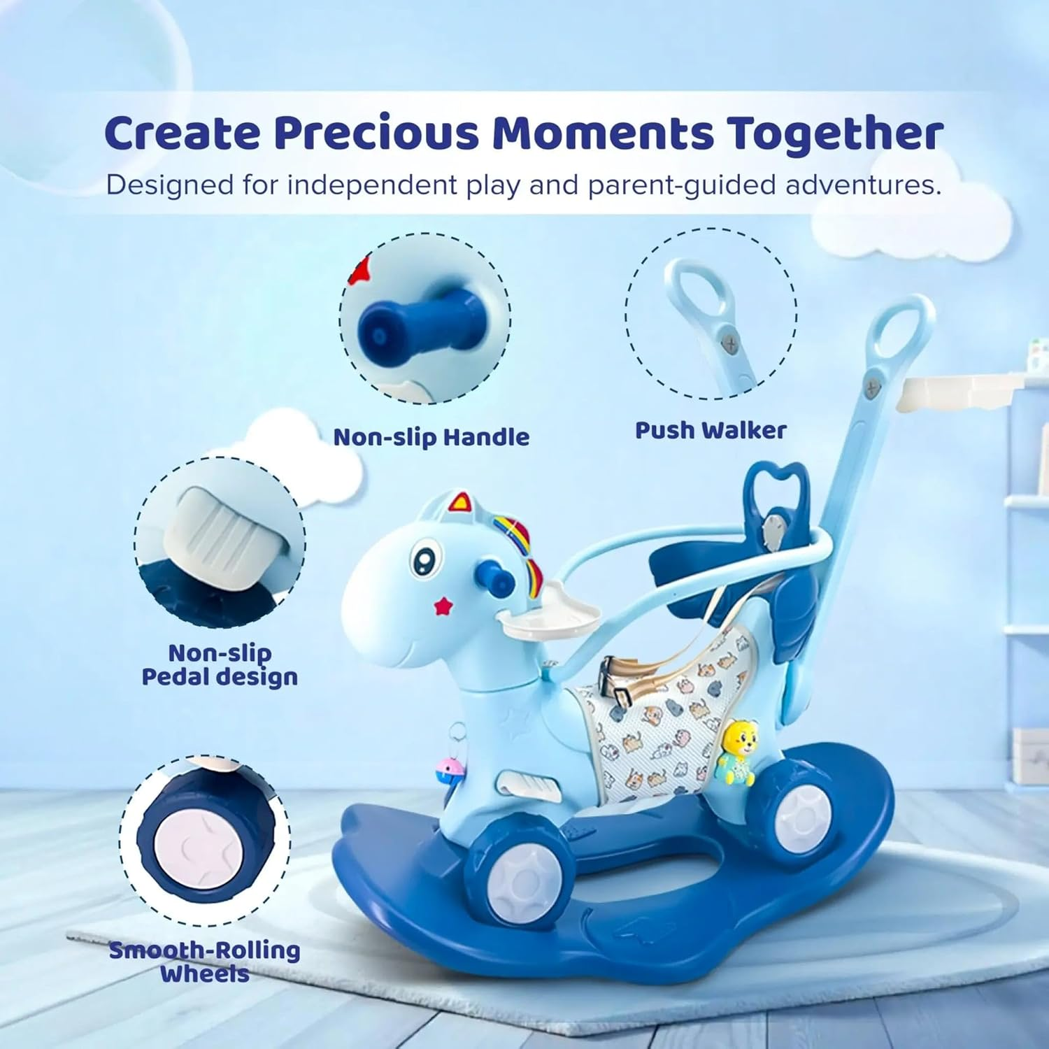 5 in 1 Rocking Horse for Toddlers 1-3 Years, Baby Rocking Horse W/Detachable Balance Board/Bike, Push Walker, Basketball Hoop Supports up to 50 Kgs Bpa/Lead Free HDPE Kids Ride on Toy W/Sound (Pink) image number 1