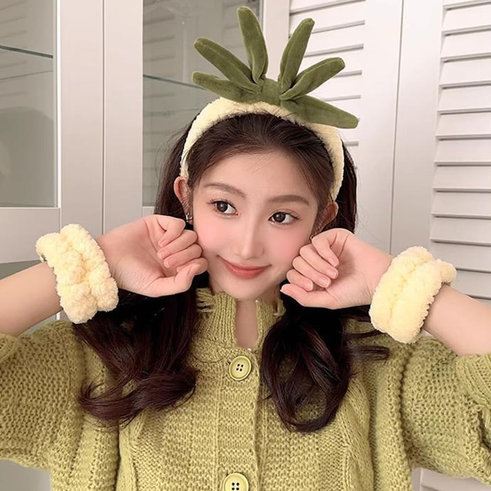 Spa Headband, Face Wash Headband and Wristband Set, Cute Makeup Skincare Headbands Wrist Bands for Washing Face Fluffy Headband for Women Girls Elastic Hair Band (Pineapple, Set of 3) image number 5