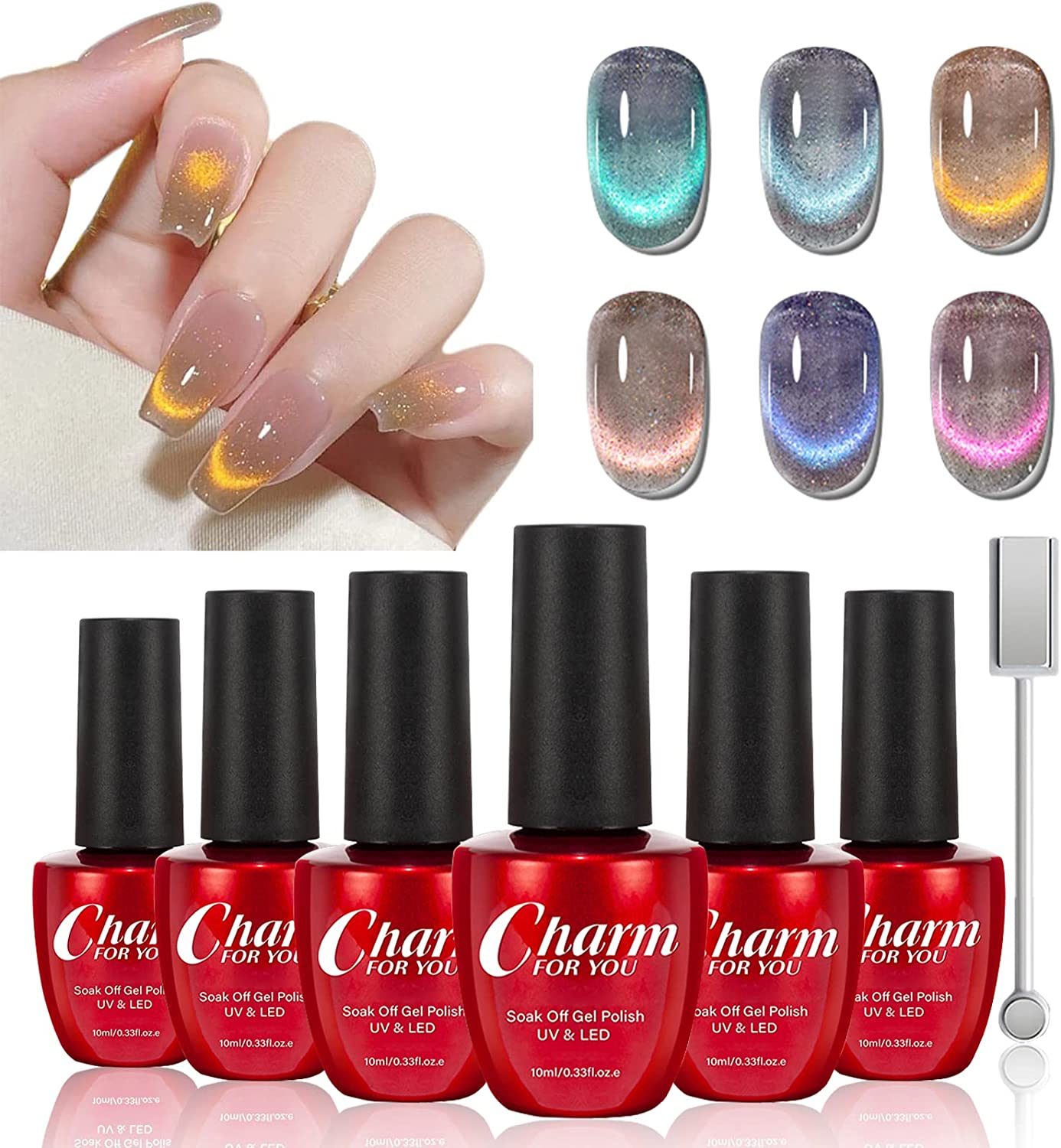 CHARM for YOU Cat Eye Gel Nail Polish, 9D Magnetic Cat Eye Gel Polish Set with Magnet Stick ,Crystal Holographic Effect ,Shiny Glitter Laser Cat Eye Polish 6Pcs for Home DIY Manicure Nail Salon (9D Dynamic Drill Cat Eye) image number 2