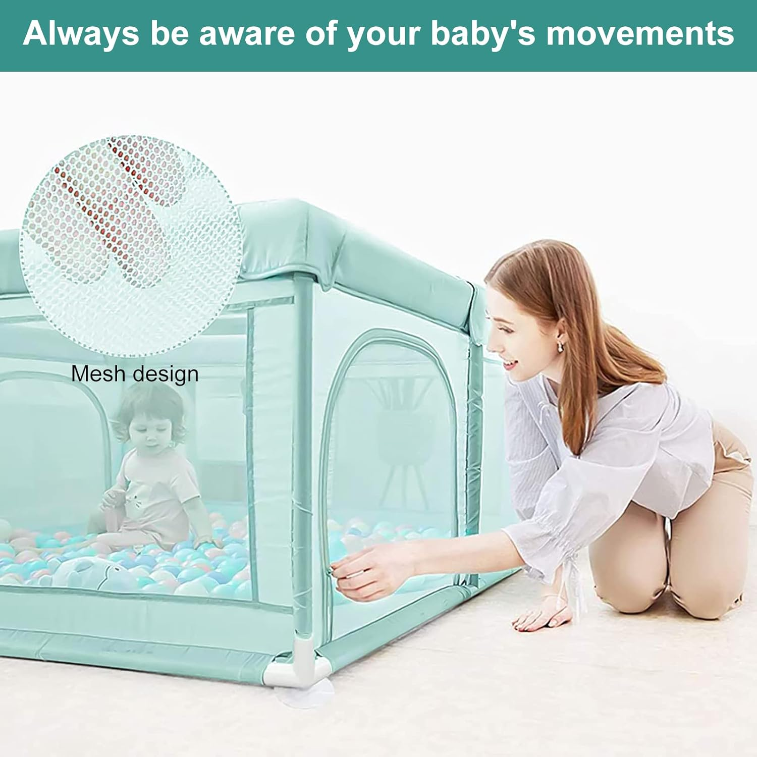 Sulishang Baby Playpen, 127X127X66Cm Baby Playard, Playpen for Toddler with Zip Gate, Indoor & Outdoor Kids Activity Center, Safety Play Yard with Soft Breathable Mesh, Green (No Mat) image number 6