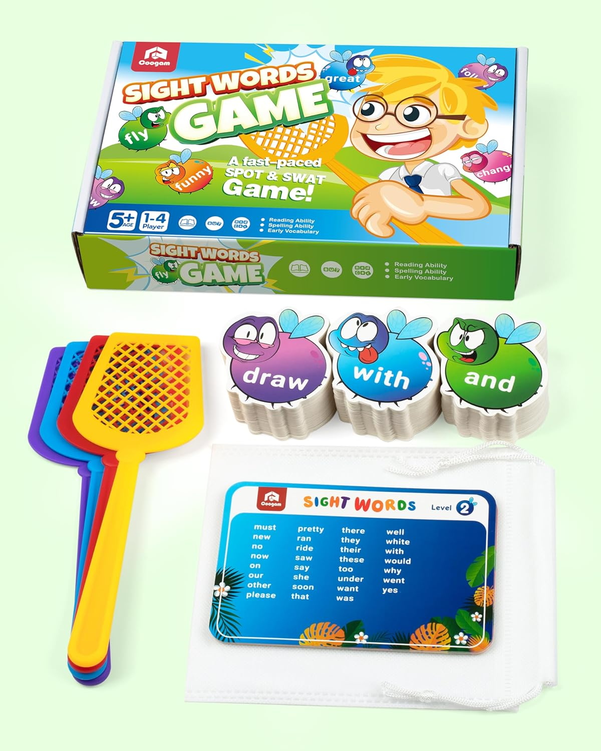 Coogam Sight Words Swat Game with 400 Fry Site Words and 4 Fly Swatters Set, Dolch Word List Phonics, Literacy Learning Reading Flash Cards Toy Games for Kindergarten,Home School Kids 3 4 5 Year Old