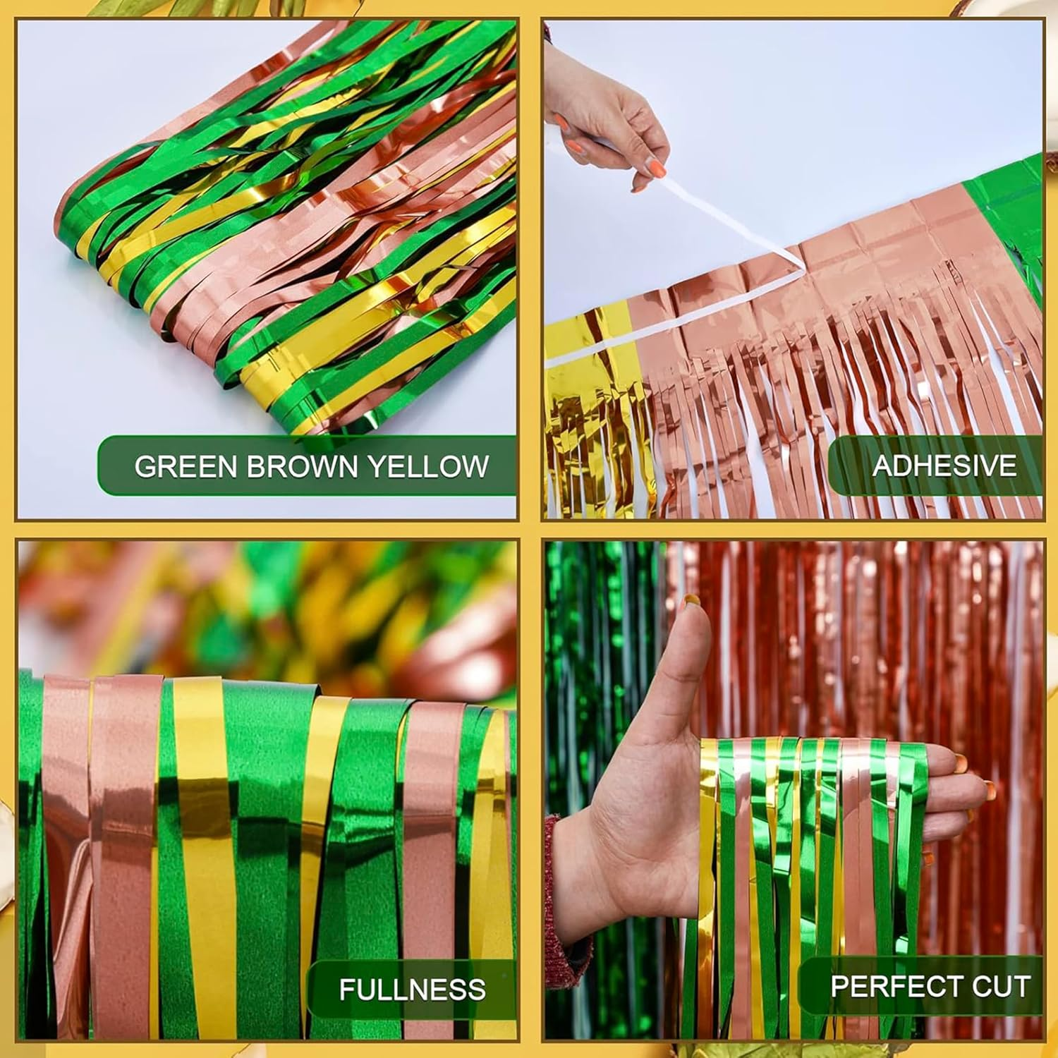 Hawaiian Luau Party Foil Fringe Curtains,2 Packs of 3.3X6.6 Ft Green Brown and Yellow Foil Fringe Curtains,Tinsel Photo Booth Props,Streamer Backdrop for Hawaiian Tropical Beach Party Decorations image number 6