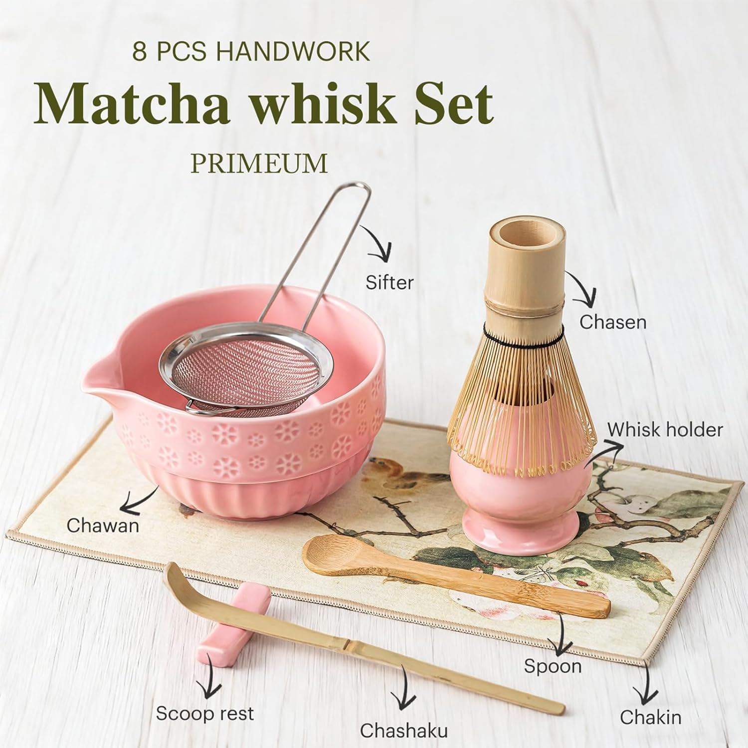 Matcha Tea Set &ndash; 8 Pcs Japanese Matcha Ceremony Kit with Matcha Bowl with Spout, Whisk (Chasen), Scoop (Chashaku),Spoon, Sifter, Tea Cloth (Chakin), Chasen Holder, Ceramic Stand for Scoop - Blush Sakura image number 2