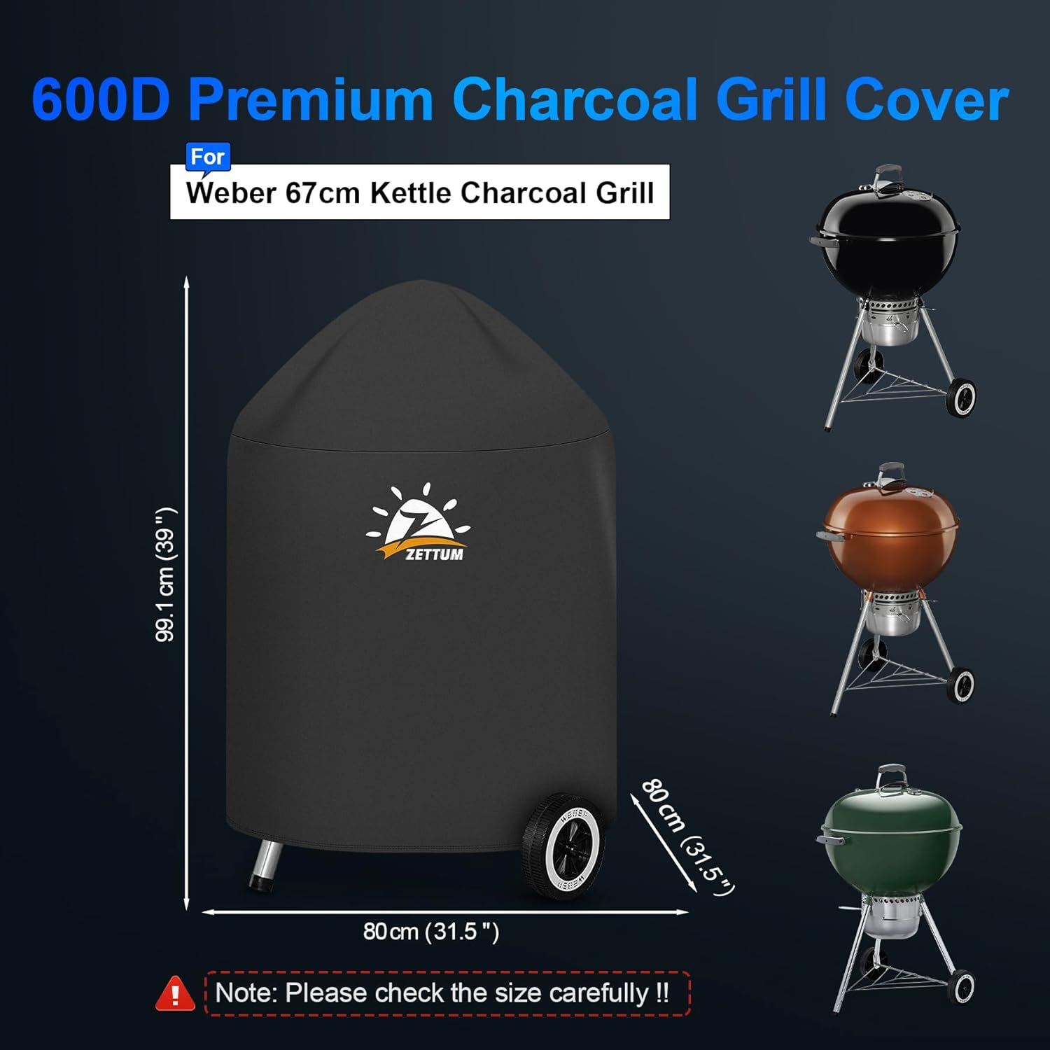 Zettum Kettle BBQ Cover for Weber 67 CM - 600D Charcoal Grill Cover for Weber Barbecue, Heavy Duty & Waterproof PU Covers for Weber 67 CM Master Touch Charcoal Grill, Original Kettle Grill(&Phi;80X99Cm)