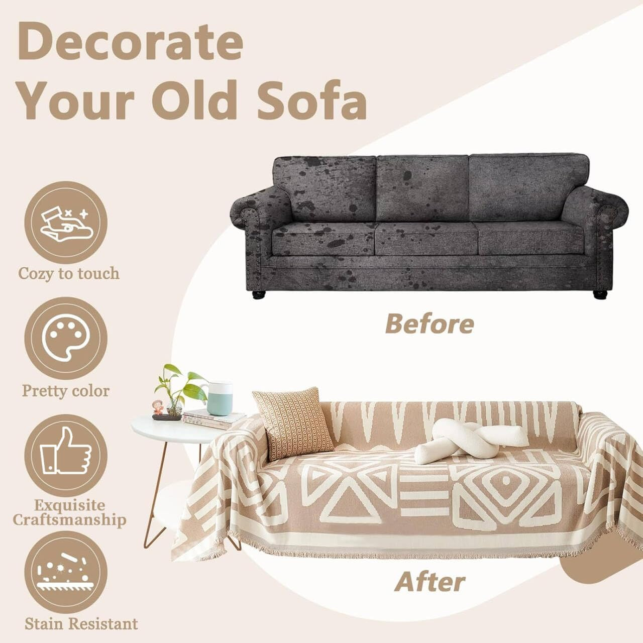 Double Sided Chenille, Soft Sofa Cover Towel, Couch Slipcovers with Tassels Couch,Stylish Sofa Cover Can Be Used as Sofa Blanket, Shawl, Usable in All Seasons (Beige-White, 180 * 300Cm) - Beige-180*230 image number 2