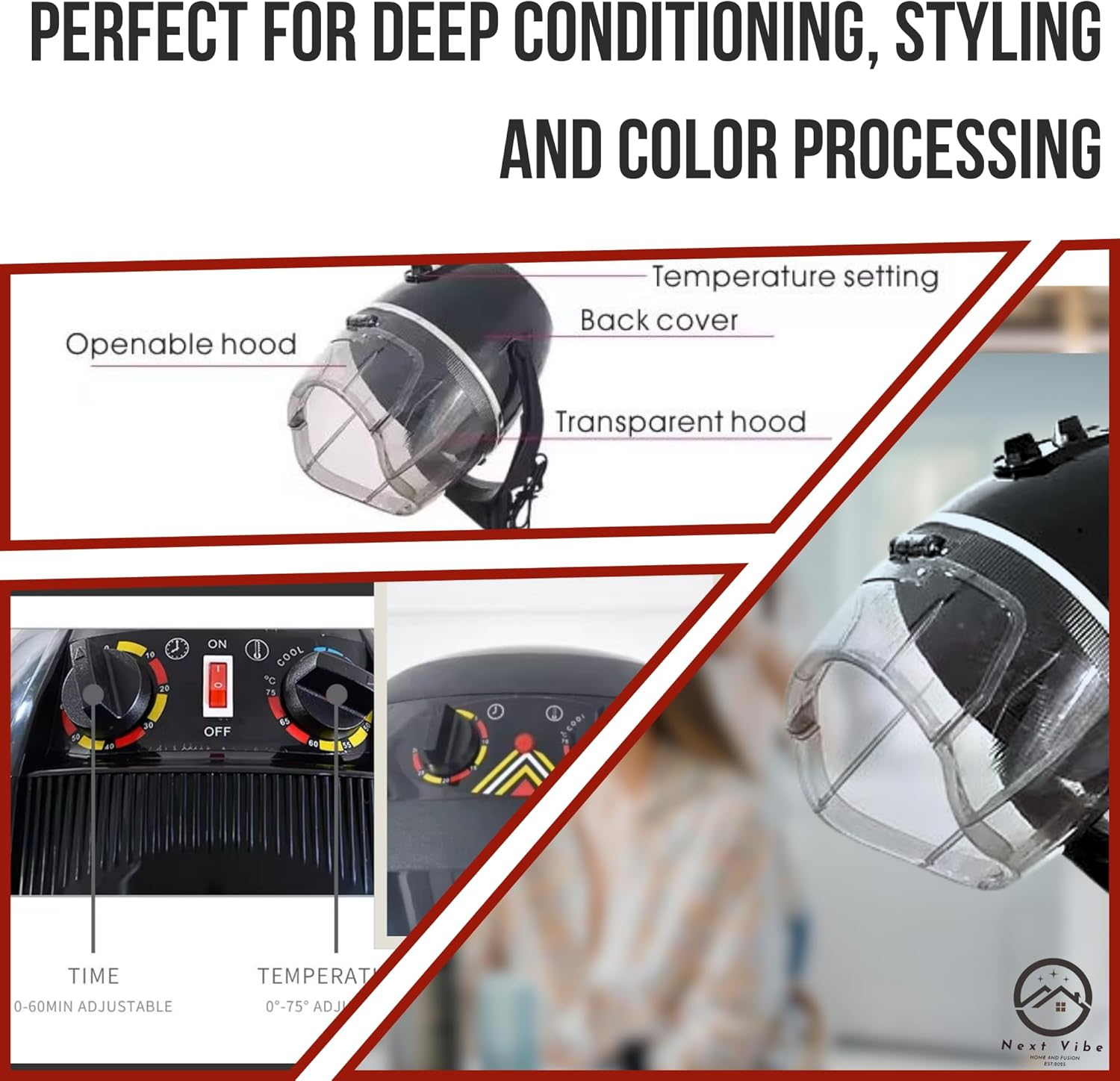 Professional Hooded Hair Dryer - Adjustable Height, 950W Power, Black ABS & Aluminium Alloy with US/AU Plug, 220V - Ideal for Salon & Home Use image number 3