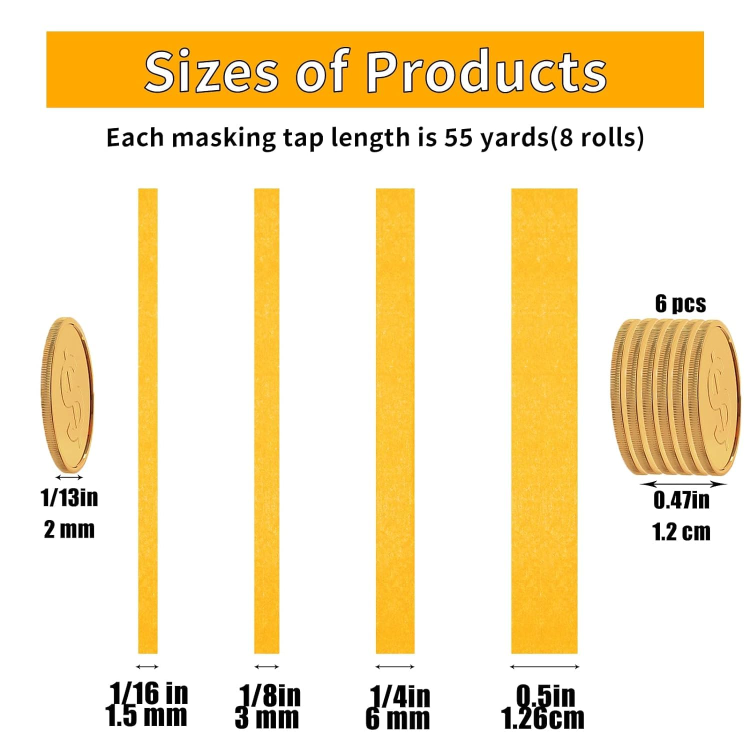 8 Rolls Pinstripe Thin Painters Tape, Yellow Painters Tape 1/16, 1/8, 1/4 and 1/2 Inch Wide X 52 Yard Long Painters Automotive Masking Tape for DIY Car Auto Paint Art image number 1