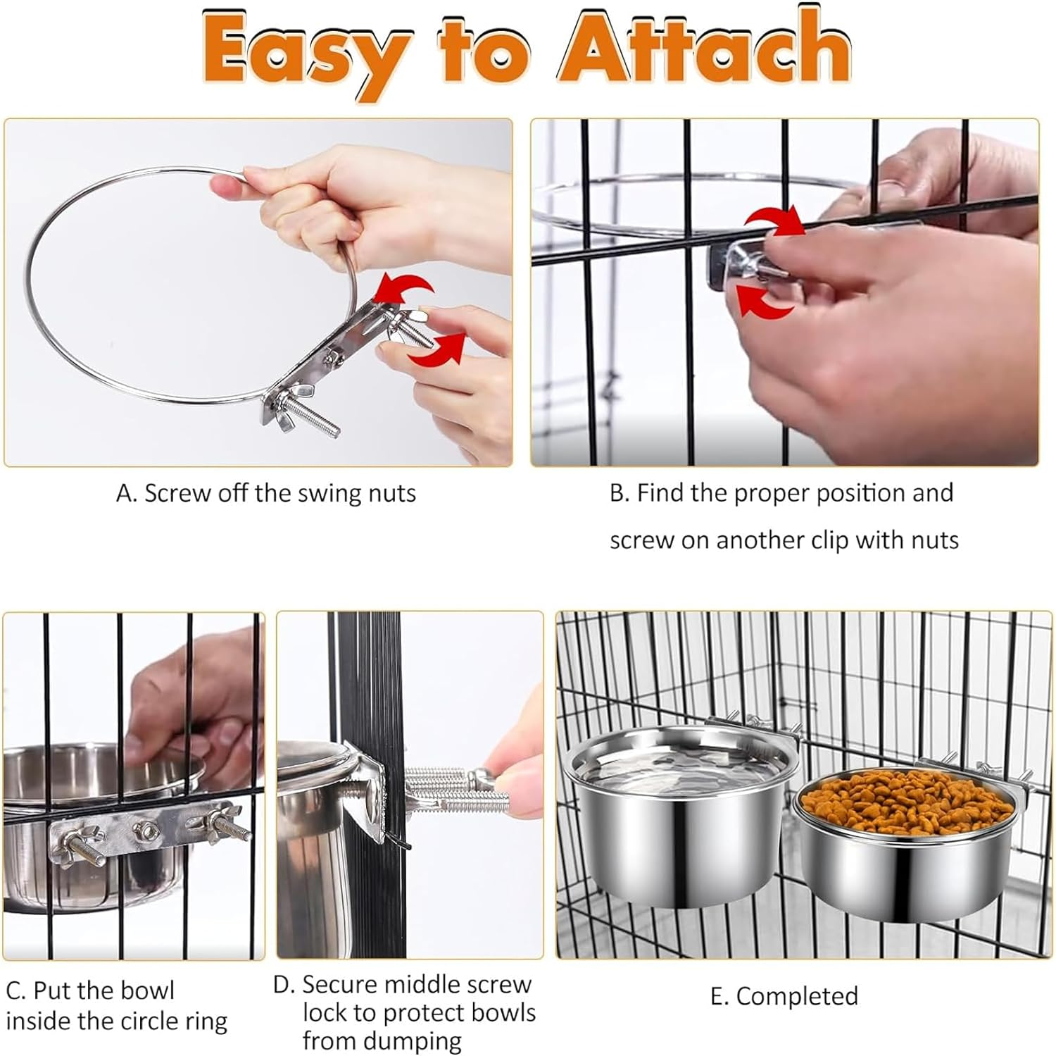 Dog Crate Water Bowl No Spill, PRENDIEEN 2 Pack Stainless Steel Large Dog Water Bowls for Cage, Crate, Kennel - Hanging Detachable Pet Water/Food Bowl for Indoor & Outdoor (18X9.4 & 16X6.6Cm) image number 4