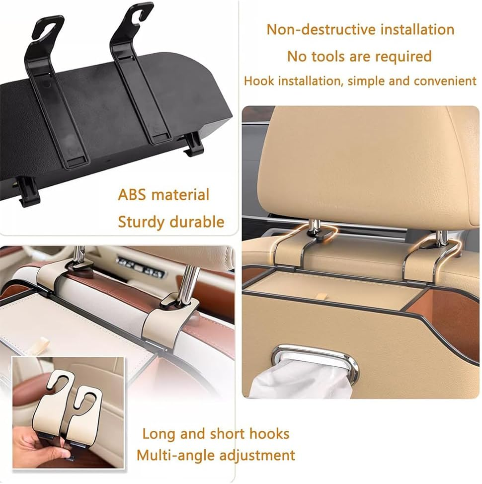 Car Seat Back Organizer,With 2 Cup Holder & Tissue Box and Storage Box Hook Food Sauce Storage Holder Car Interior Accessories for Driving, Travel, Road,Waterproof and Scratch Resistant(Beige) image number 4
