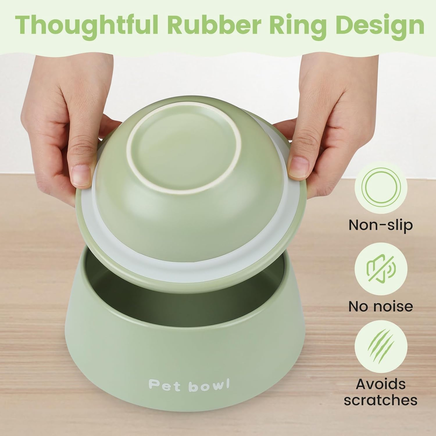 PETTOM Ceramic Cat Bowls, 3-In-1 Extra Wide Whisker Friendly Food and Water Set in Green for Easy Feeding, Cat Feeding Bowls anti Slip to Enhance Mealtime image number 3