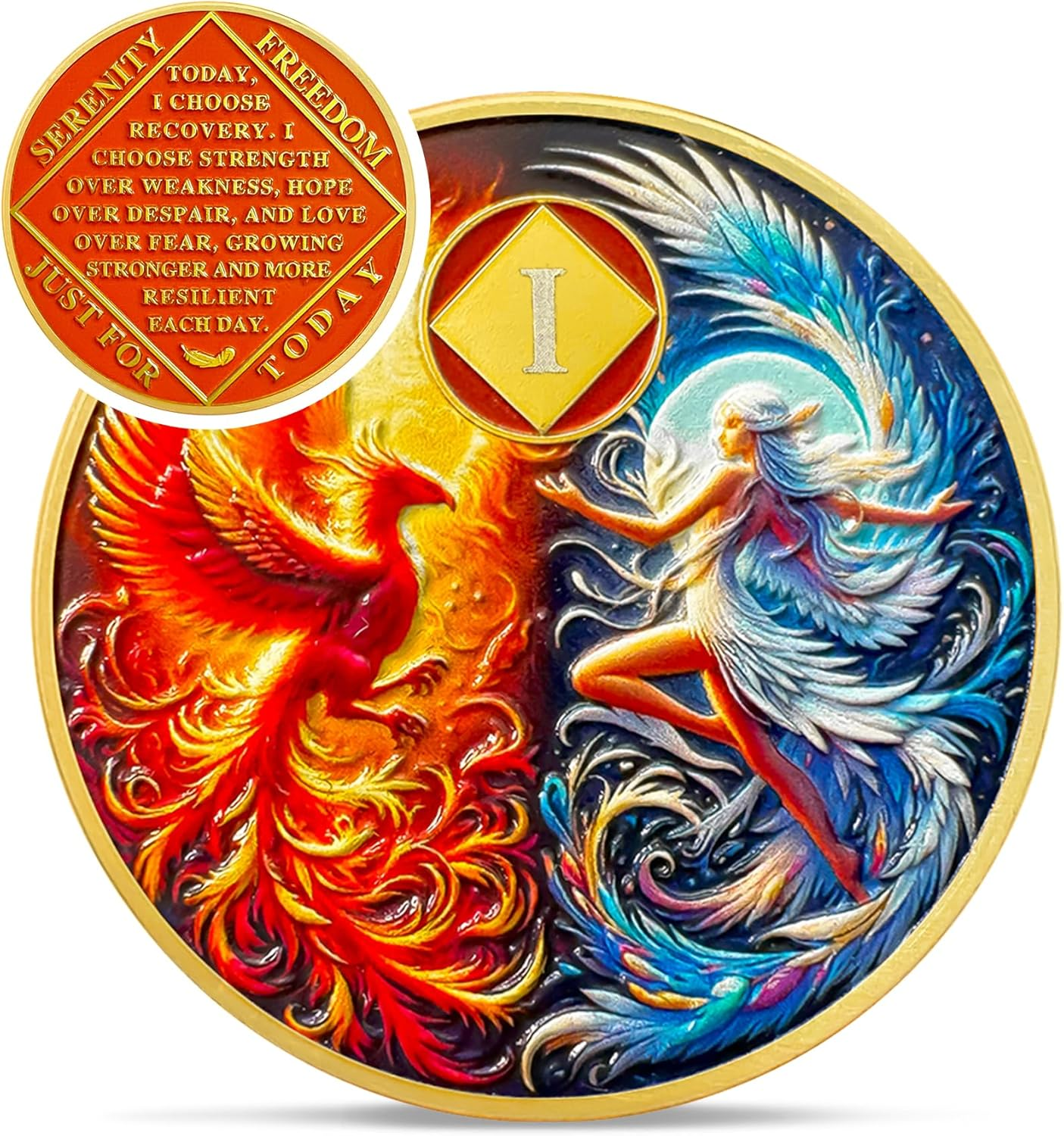 Phoenix Fairy 1 Year Na Medallions - Sun and Moon Sobriety Coin - One Year Recovery Addiction Token - Celebrate Clean and Sober Chip - 0-10 Prime Narcotics Anonymous Gifts for Men Women