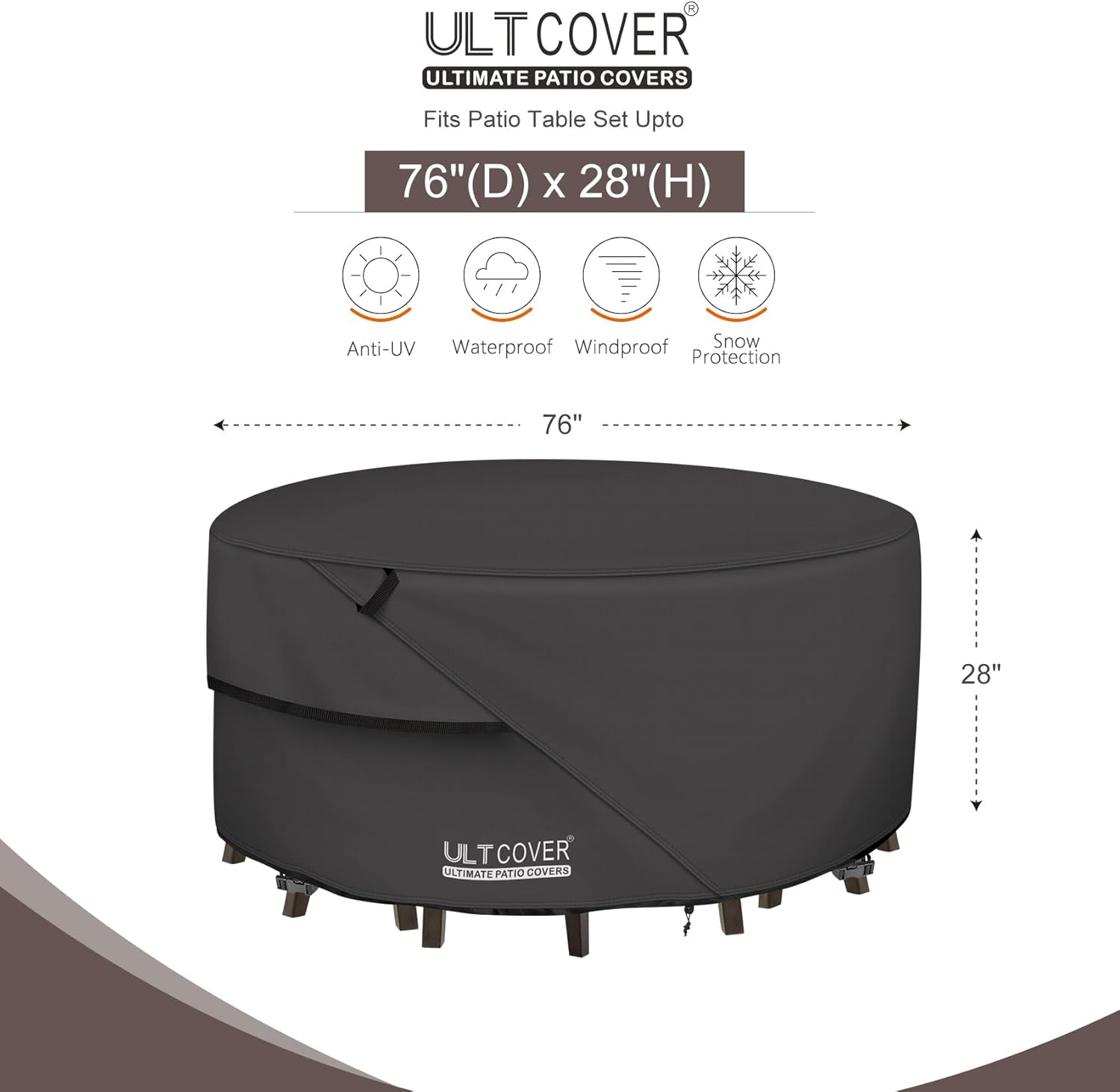 ULTCOVER round Patio Furniture Cover - Outdoor Waterproof Table with Chair Set Cover 76 Inch, Black image number 5