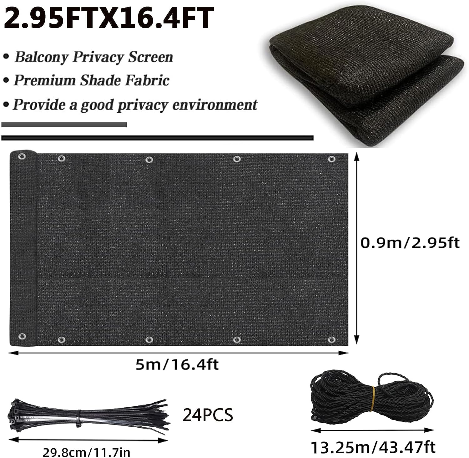 Balcony Privacy Screen Fence Cover 3 X 16.4Ft Fence Mesh Windscreen Cover Mesh Fence Privacy Screen UV Protection Balcony Shield Cover for Deck Patio Backyard Pool Porch SH0005 (Dark Grey) image number 1