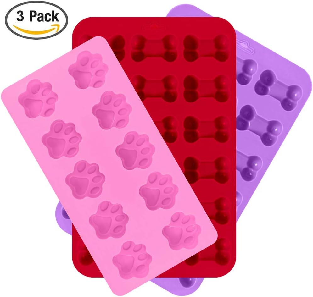 3 Pack Silicone Ice Molds Trays with Puppy Dog Paw and Bone Shape, Finegood Reusable Bakeware Maker for Baking Chocolate Candy, Oven Microwave Freezer Dishwasher Safe - Pink, Red, Purple image number 6